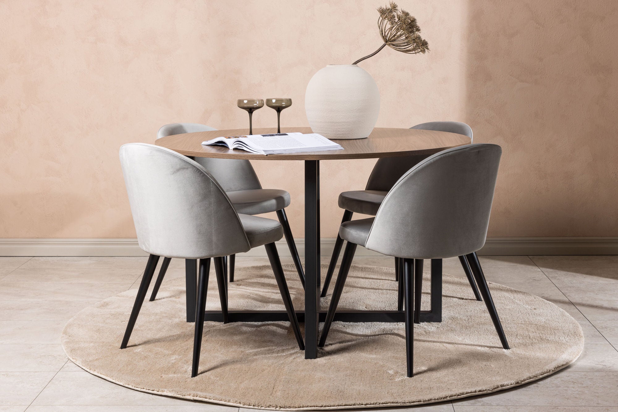 Venture Home Durango spisebord - Black / Walnut MDF +Velvet Spisebordsstol - Light Grey / Black _4