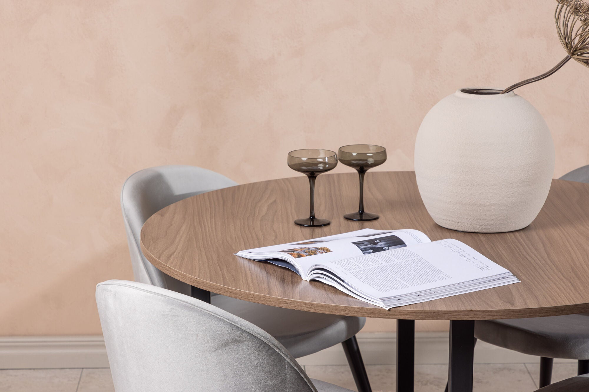 Venture Home Durango spisebord - Black / Walnut MDF +Velvet Spisebordsstol - Light Grey / Black _4