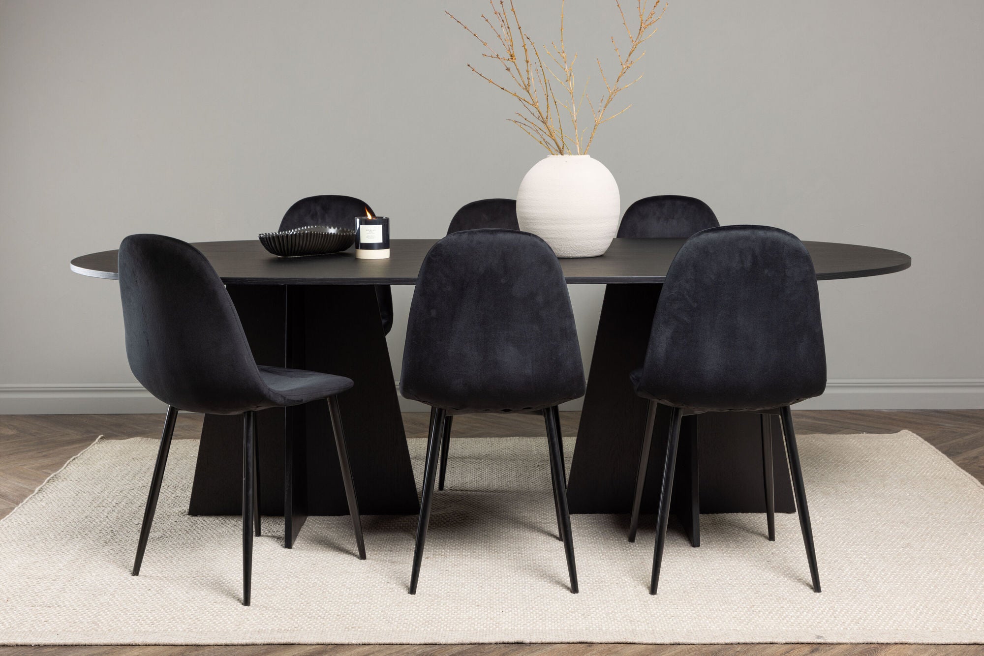 Venture Home Bootcut Oval spisebord - Black / Black Fanéer +Polar Spisebordsstol - Black legs / Black Velvet _6