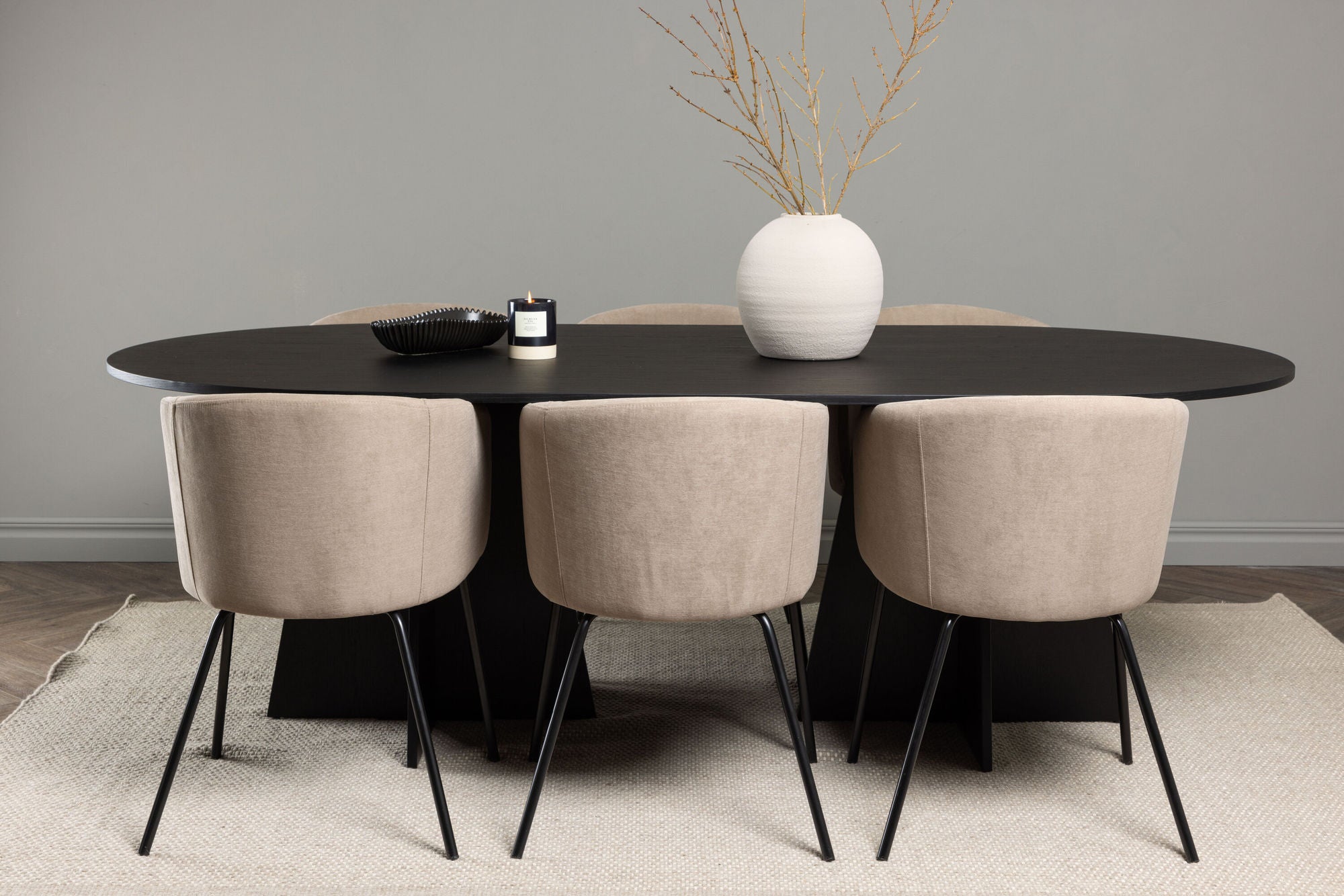 Venture Home Bootcut Oval spisebord - Black / Black Fanéer +Berit stol - Black / Beige Fabric (Polyester linen ) _6
