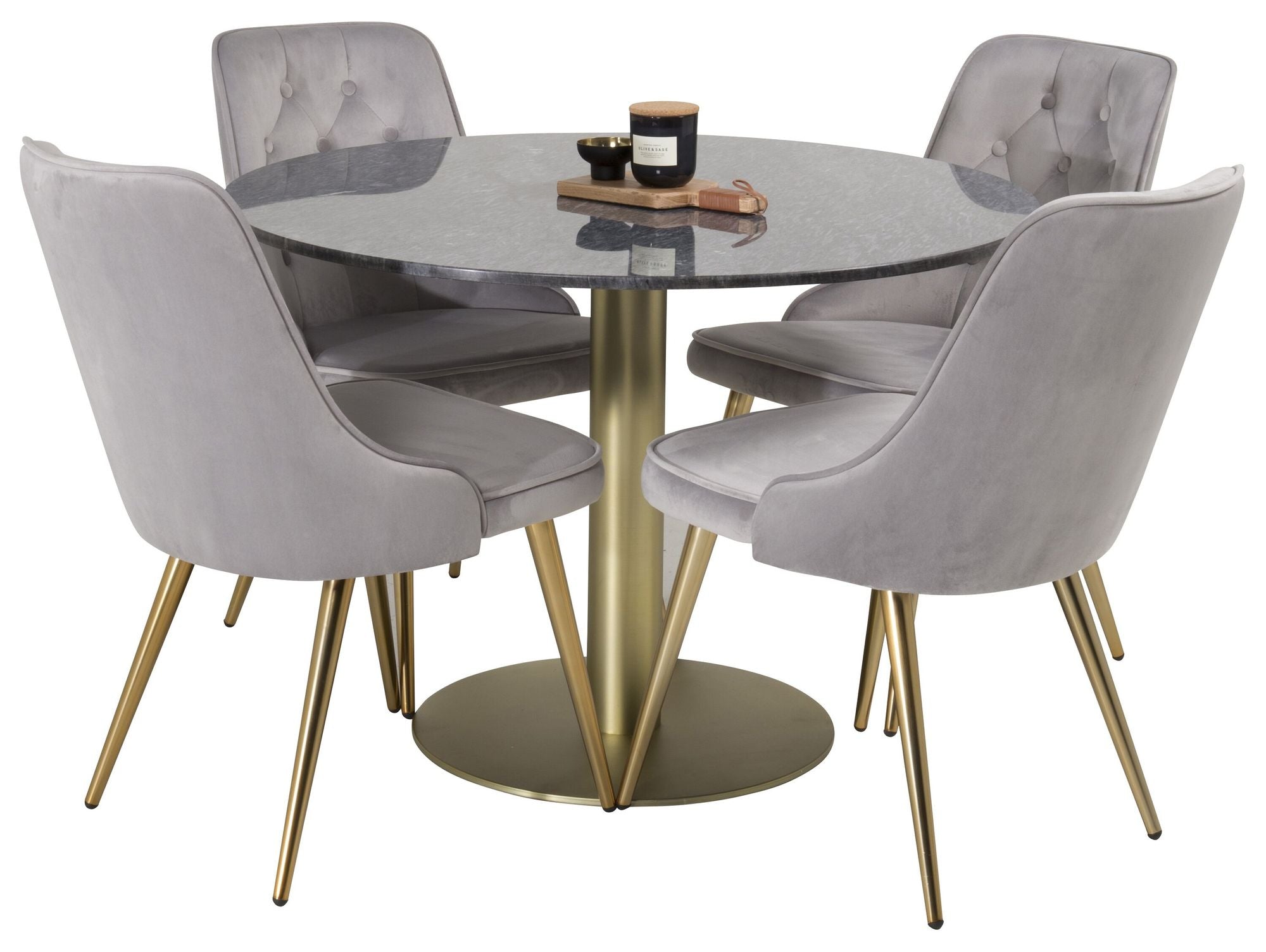 Venture Home Estelle spisebord round 106cm Grey Marble / Brass - Velvet Deluxe Spisebordsstol - Brushed brass leg / Light Grey Velvet 4