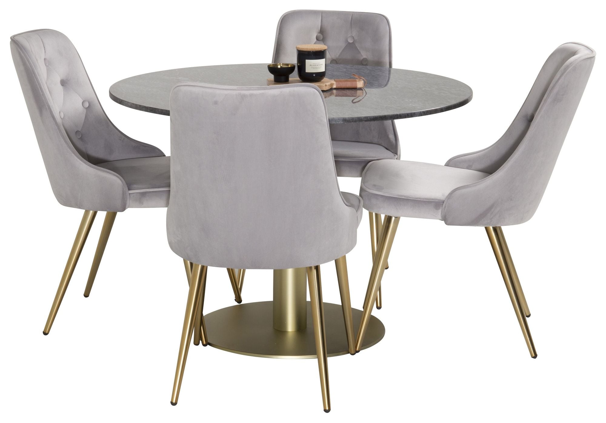 Venture Home Estelle spisebord round 106cm Grey Marble / Brass - Velvet Deluxe Spisebordsstol - Brushed brass leg / Light Grey Velvet 4