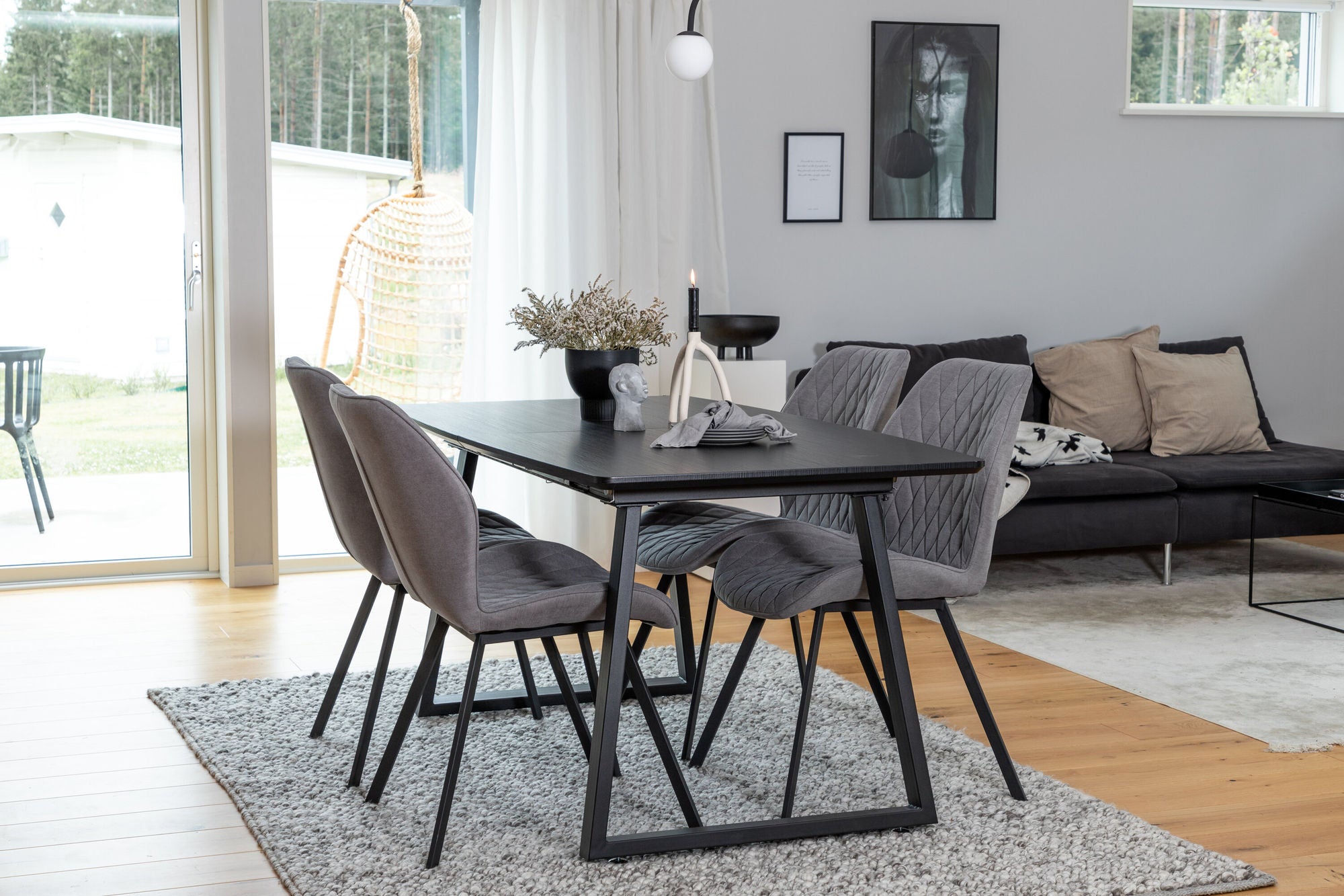 Venture Home Inca Extentionbord - Black top / black Legs+Gemma Spisebordsstol - Black Legs - Grey Fabric_4