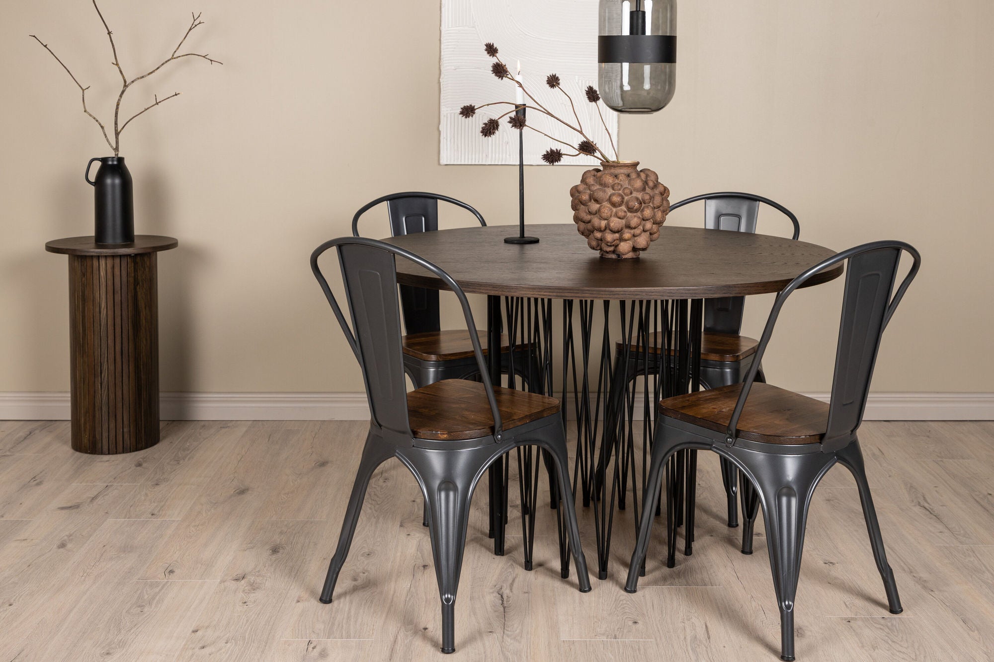 Venture Home Stone round spisebord - Black / Mocca Veneer +Tempe Spisebordsstol - Dark grey / Dark Brown MDF _4
