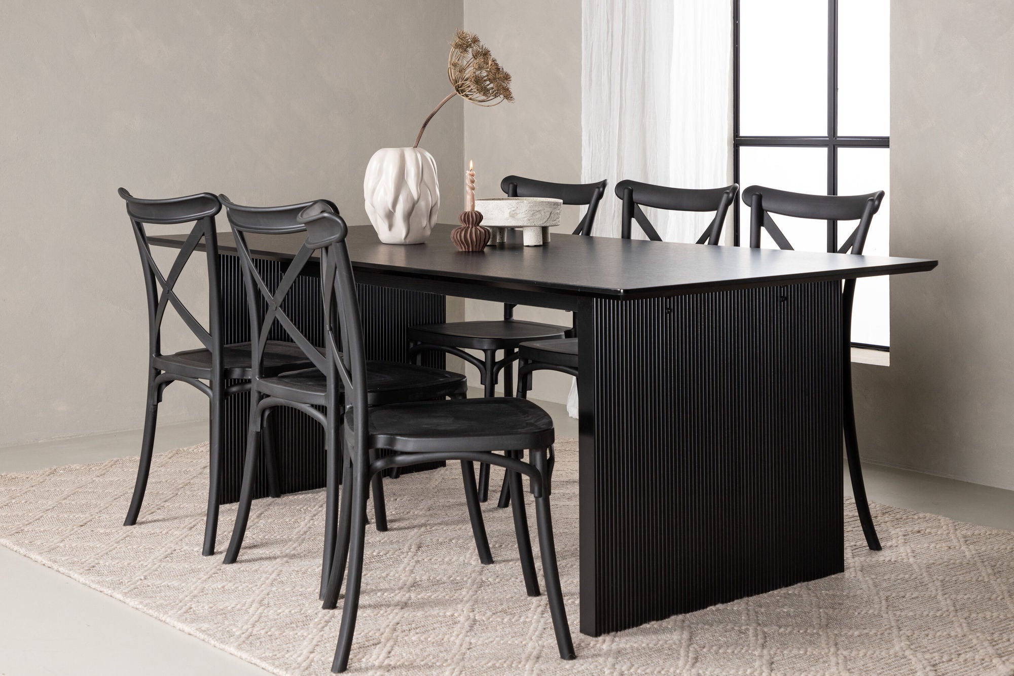 Venture Home Vail spisebord - Black / Smoked Black MDF +Crosett Spisebordsstol - Matte Black / Matte Black Plastic _6
