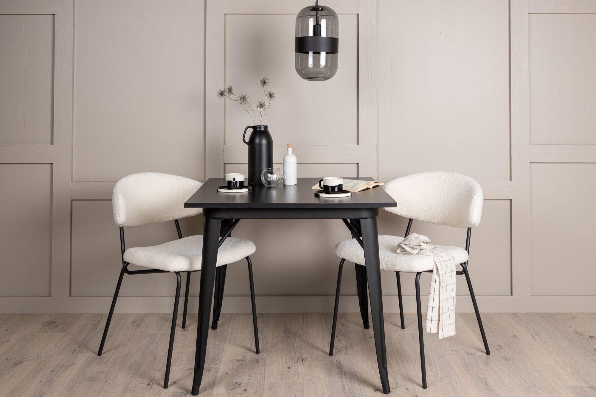 Venture Home Tempe spisebord - Black / Black MDF +Chico Spisebordsstol - Black / White Boucle _2