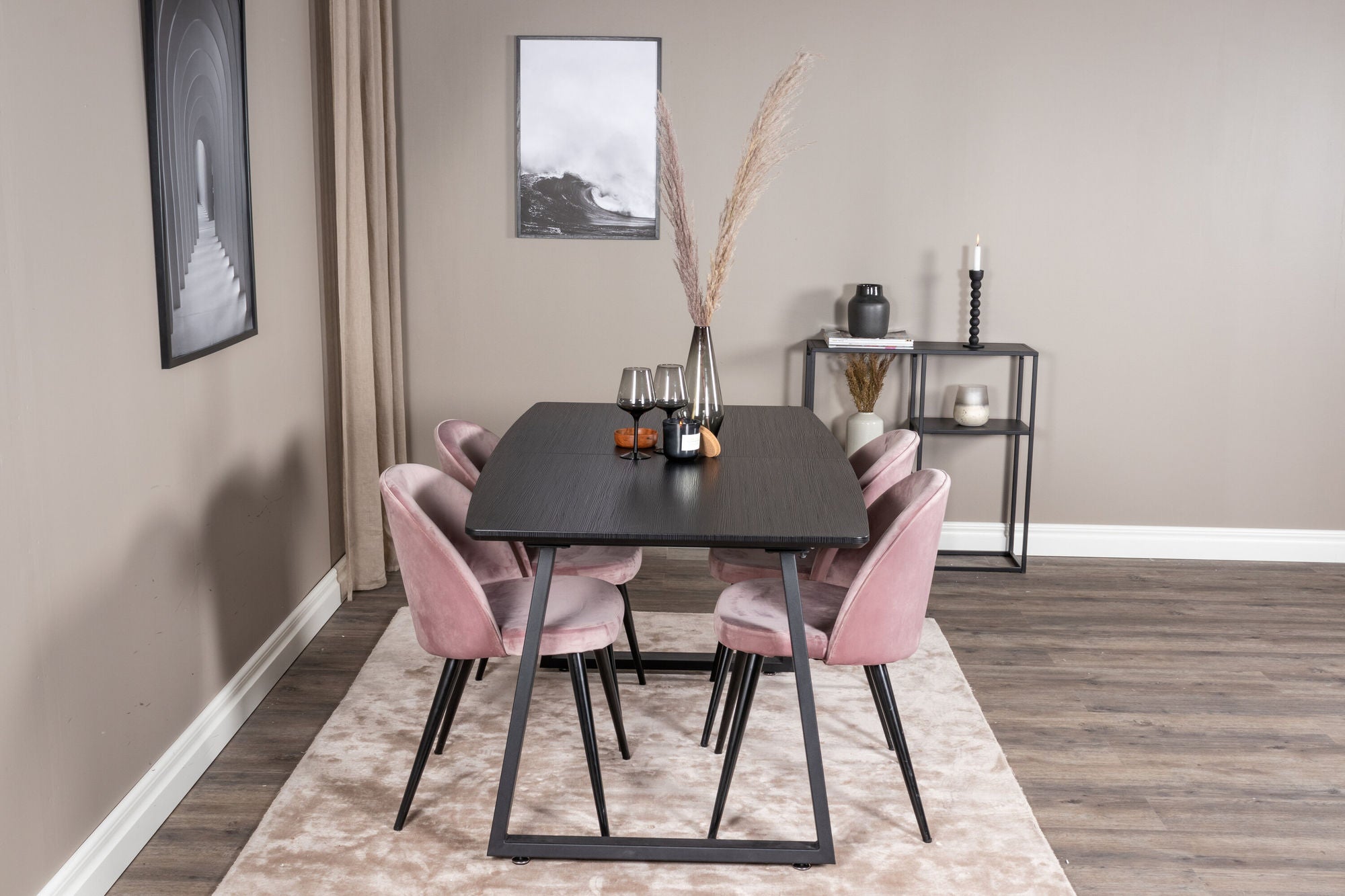 Venture Home Inca Extentionbord - Black top / black Legs+Velvet Spisebordsstol - Pink / Black_4