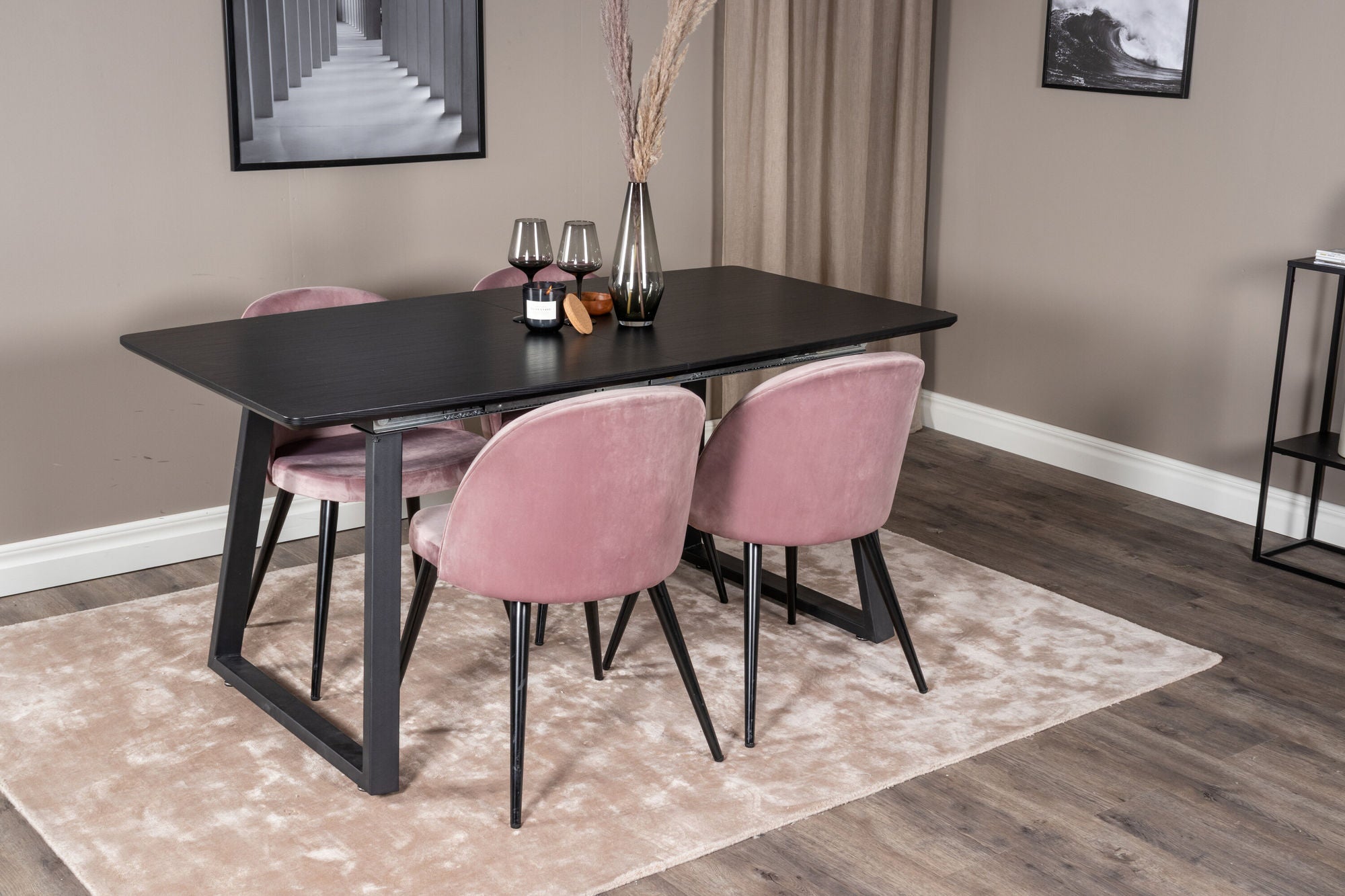 Venture Home Inca Extentionbord - Black top / black Legs+Velvet Spisebordsstol - Pink / Black_4