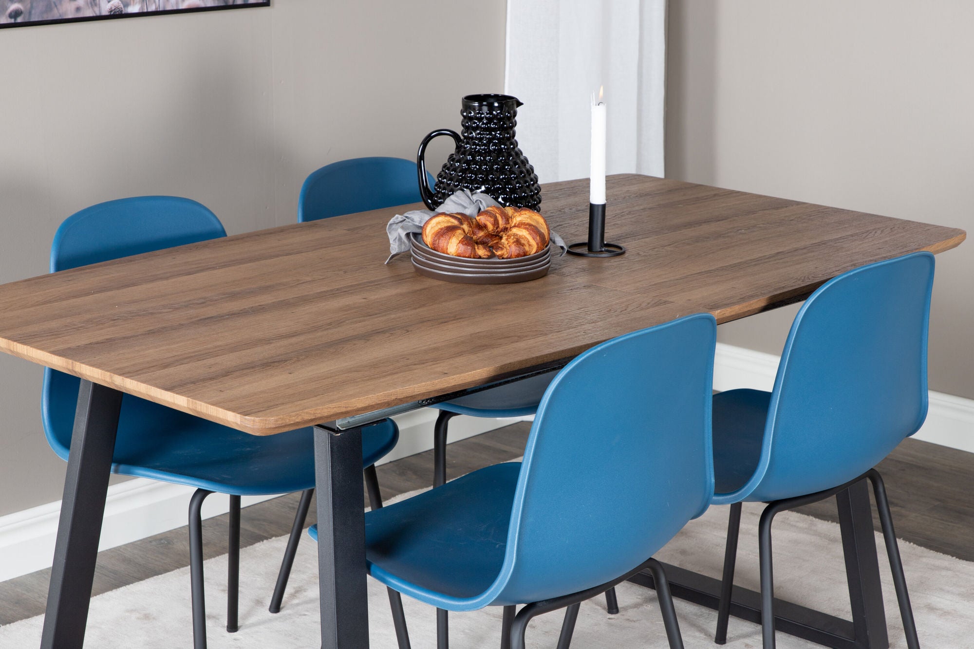 Venture Home Inca spisebord - 160/200*85*H75 - Oak / Black+Arctic Spisebordsstol - Black Legs - Blue Plastic_4