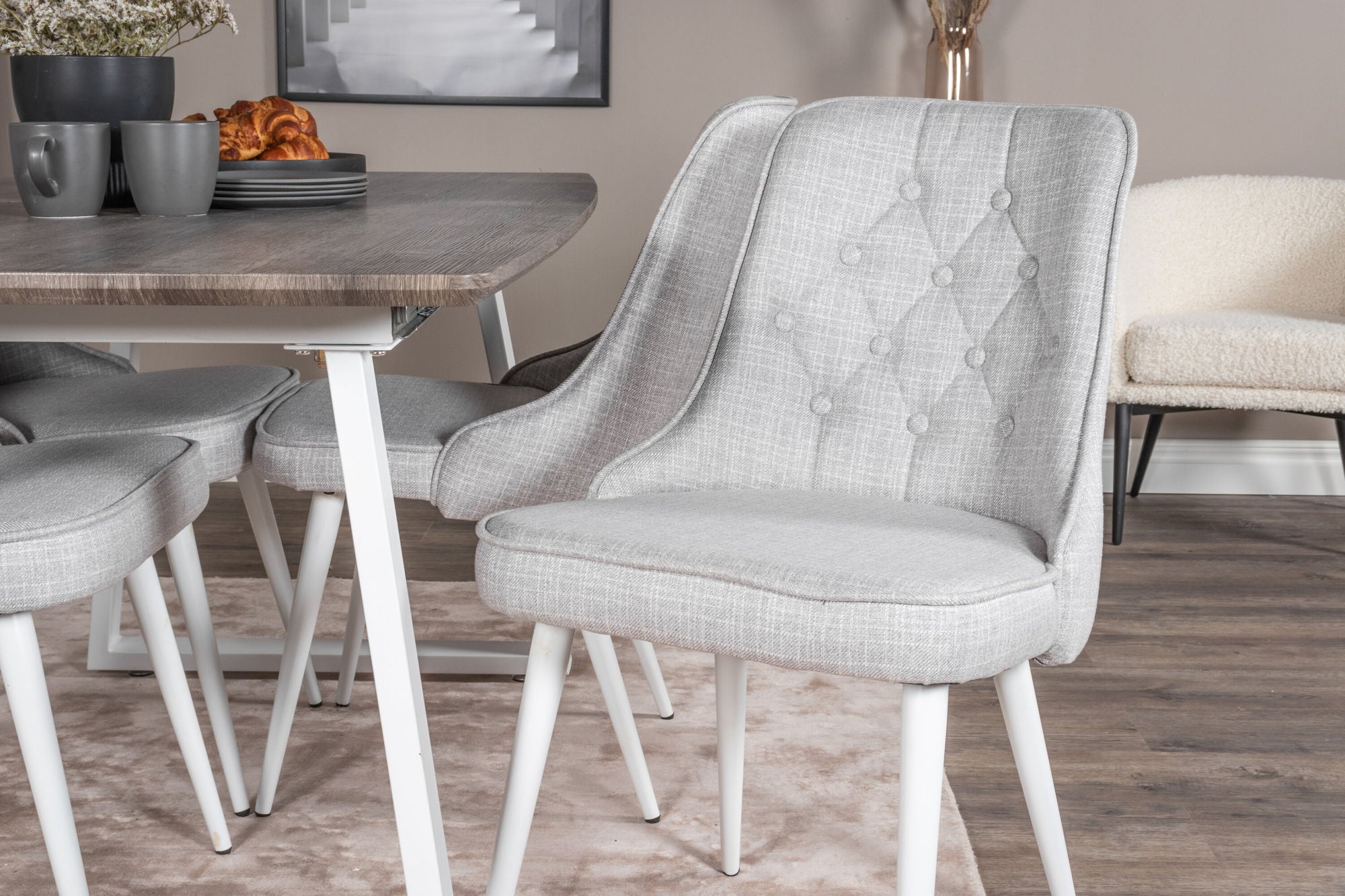 Venture Home Inca Extentionbord - grey "oak" / white Legs+Velvet Deluxe Spisebordsstol - White Legs - Light Grey Fabric_4