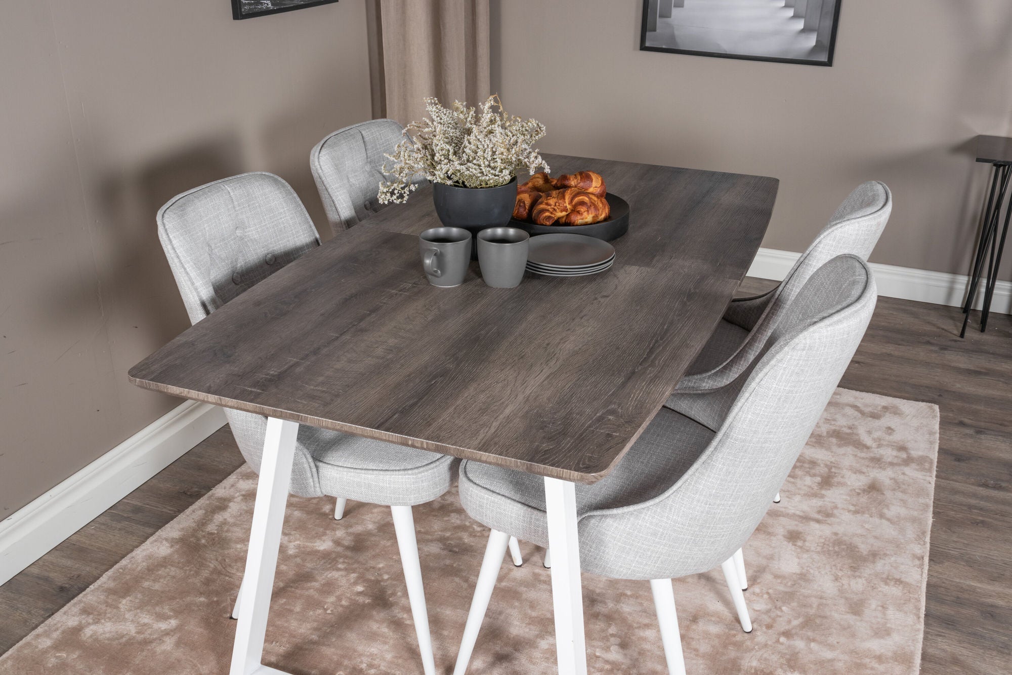 Venture Home Inca Extentionbord - grey "oak" / white Legs+Velvet Deluxe Spisebordsstol - White Legs - Light Grey Fabric_4