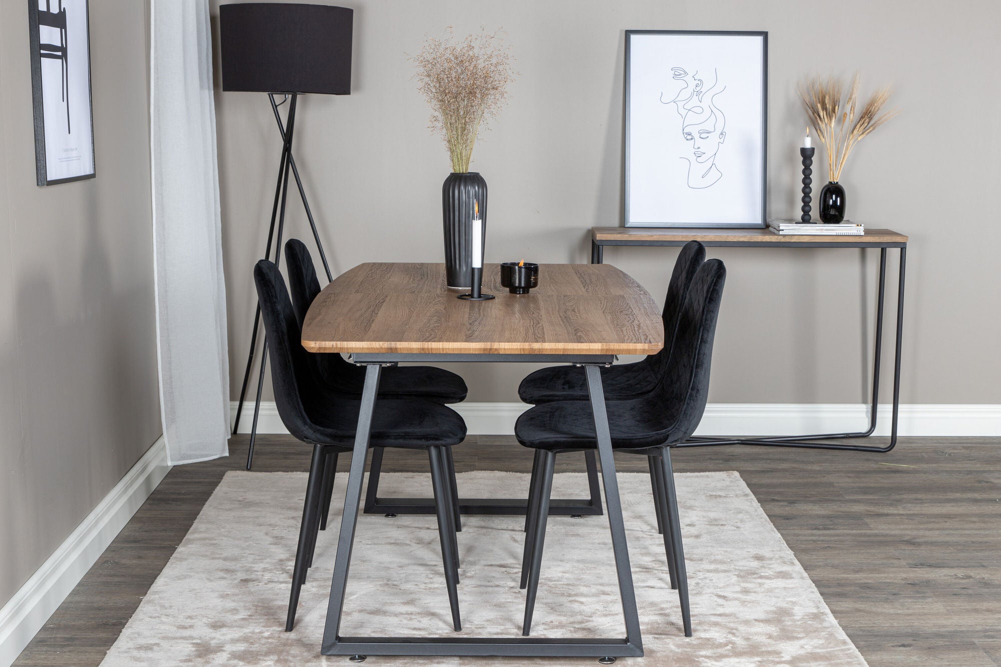 Venture Home Inca spisebord - 160/200*85*H75 - Oak / Black+Polar Diamond Spisebordsstol - Black Legs - Black Velvet_4