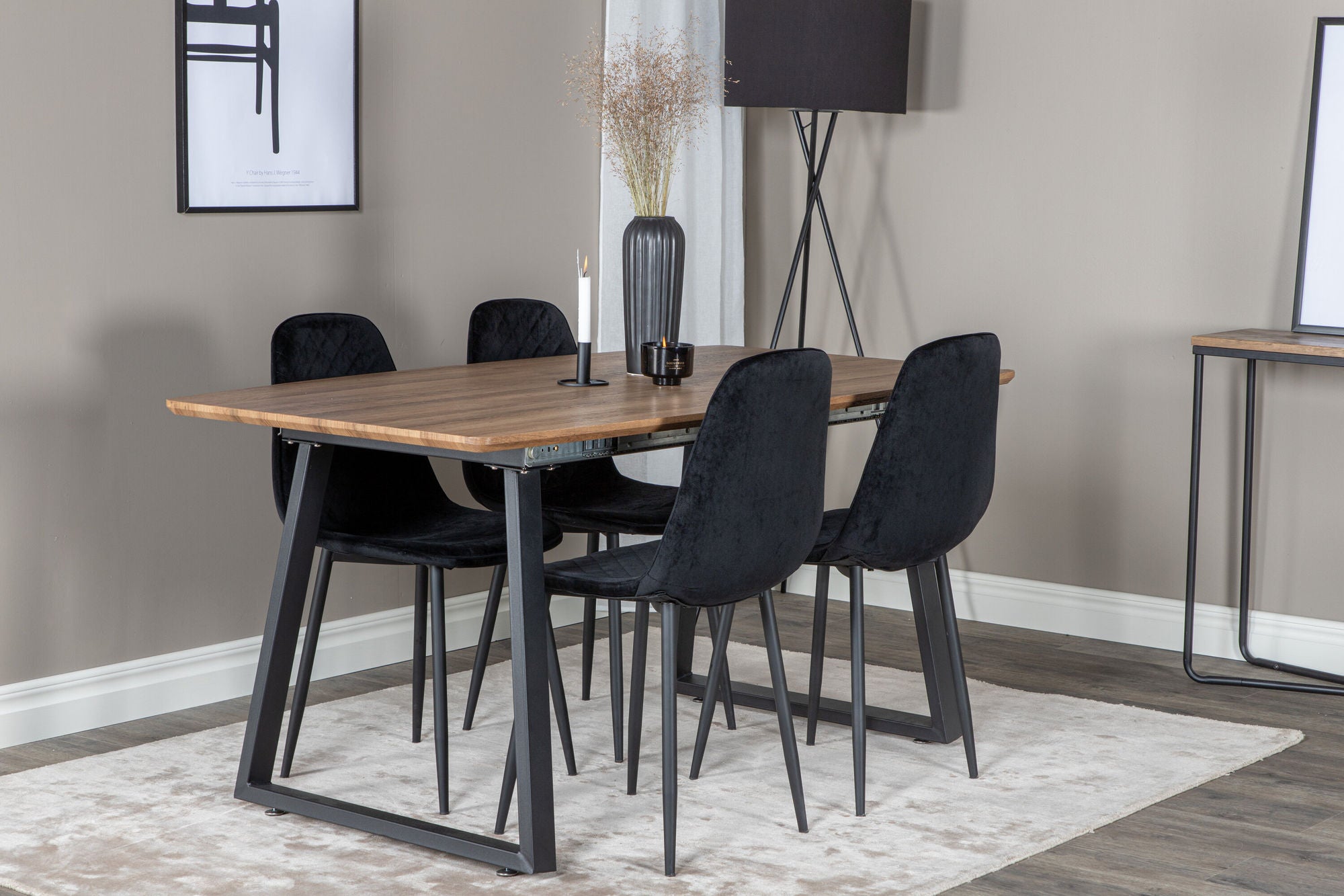 Venture Home Inca spisebord - 160/200*85*H75 - Oak / Black+Polar Diamond Spisebordsstol - Black Legs - Black Velvet_4