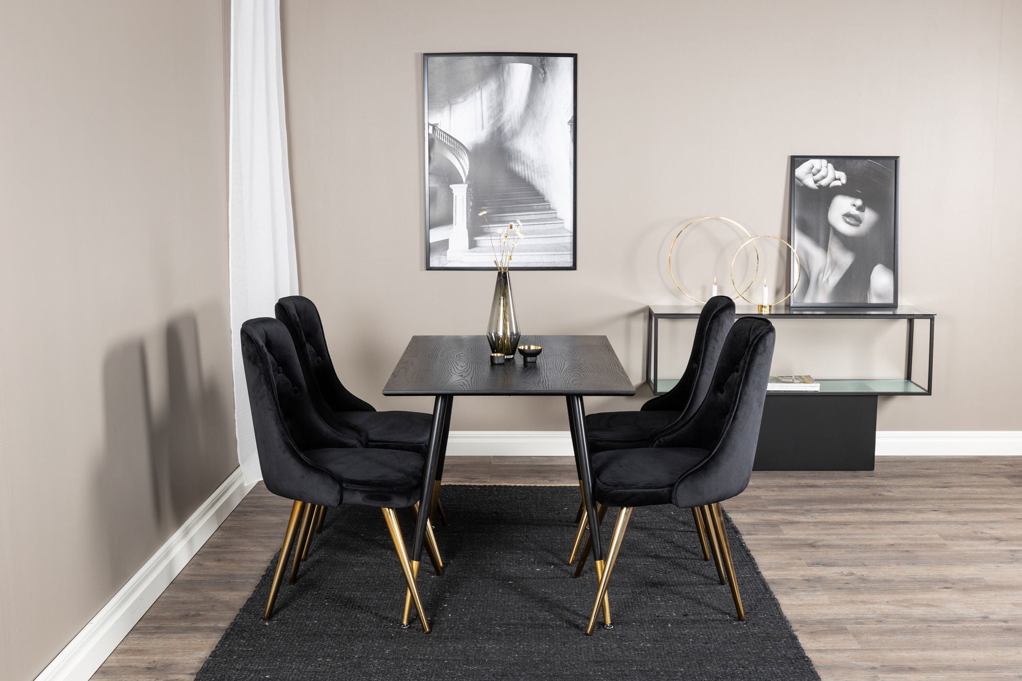 Venture Home Dipp spisebord - 120 cm - Black Veneer - Black Legs w. Brass dipp+Velvet Deluxe Spisebordsstol - Black / Brass_4