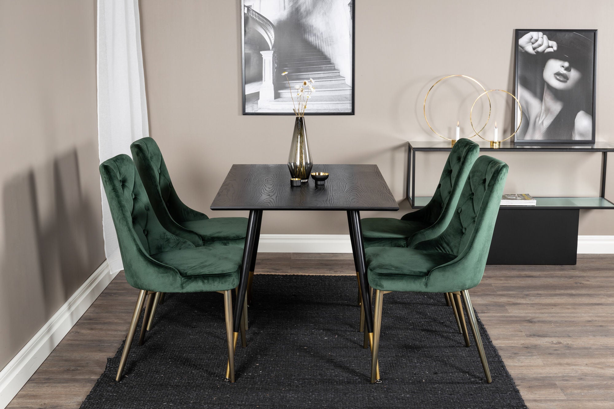 Venture Home Dipp spisebord - 120 cm - Black Veneer - Black Legs w. Brass dipp+Velvet Deluxe Spisebordsstol - Green / Brass_4