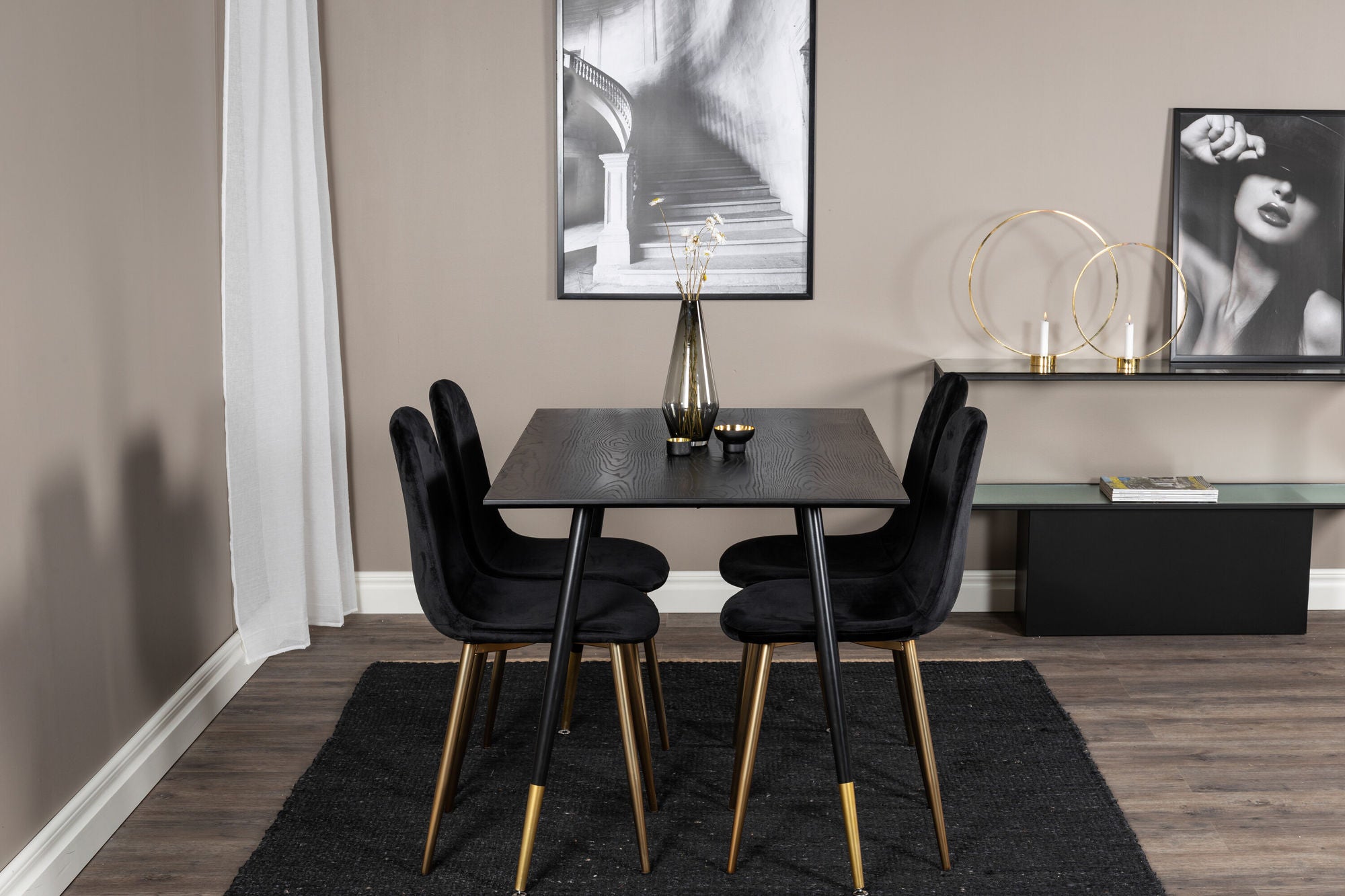 Venture Home Dipp spisebord - 120 cm - Black Veneer - Black Legs w. Brass dipp+Polar Spisebordsstol - Black / Brass_4
