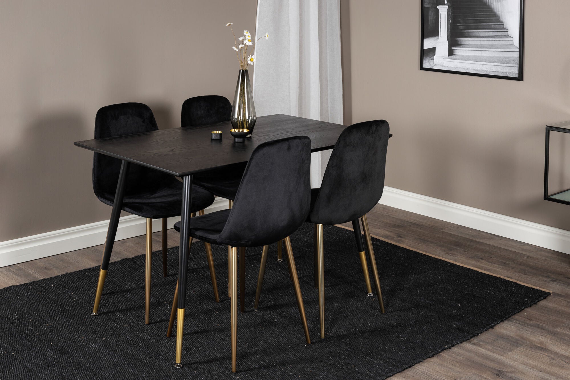 Venture Home Dipp spisebord - 120 cm - Black Veneer - Black Legs w. Brass dipp+Polar Spisebordsstol - Black / Brass_4