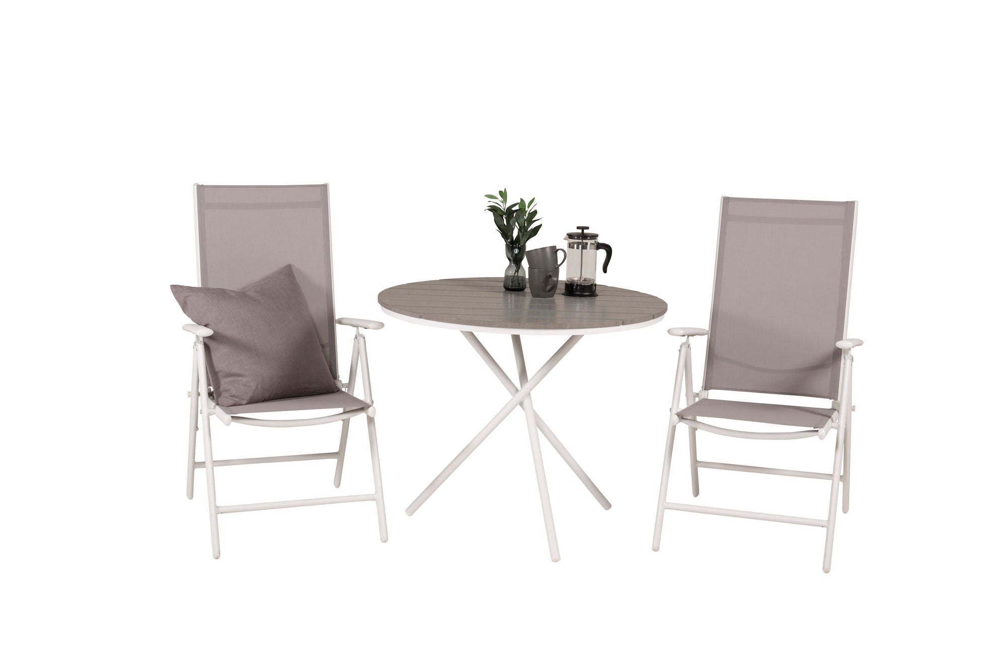 Venture Home Parma cafébord ø90 - White Alu / Grey Aintwood+Break 5:pos stol - White alu / Grey Textilene_2