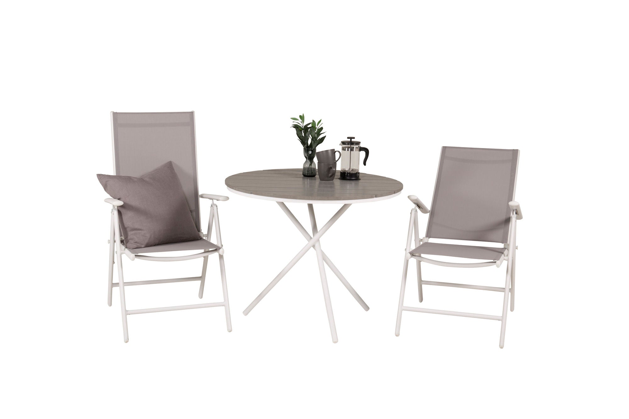 Venture Home Parma cafébord ø90 - White Alu / Grey Aintwood+Break 5:pos stol - White alu / Grey Textilene_2