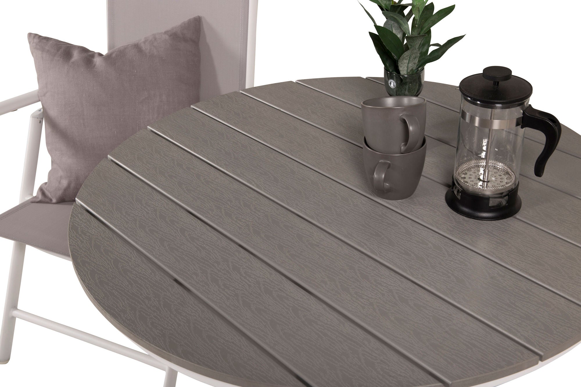 Venture Home Parma cafébord ø90 - White Alu / Grey Aintwood+Break 5:pos stol - White alu / Grey Textilene_2