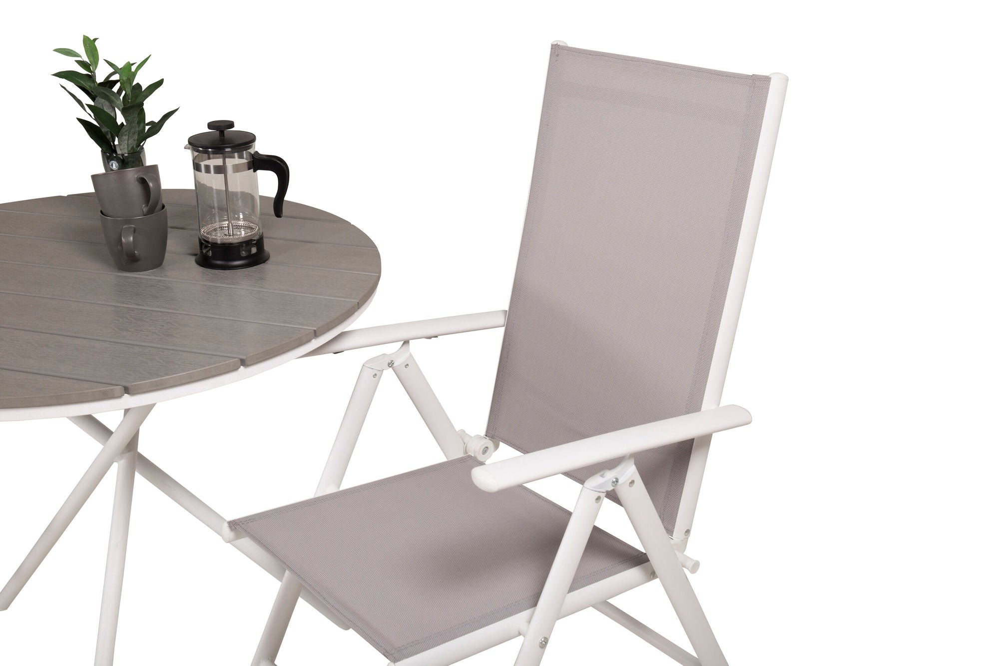 Venture Home Parma cafébord ø90 - White Alu / Grey Aintwood+Break 5:pos stol - White alu / Grey Textilene_2