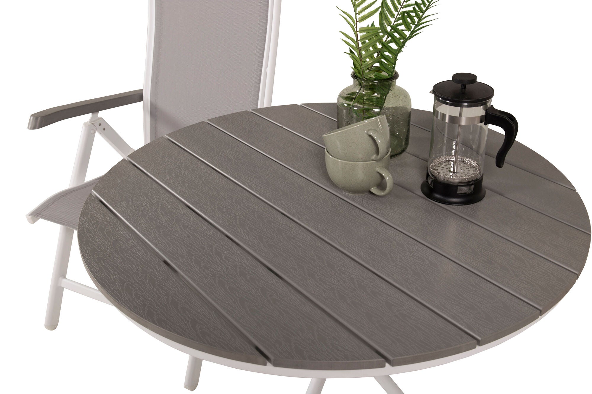 Venture Home Parma cafébord ø90 - White Alu / Grey Aintwood+Albany stol 5:pos - White Alu / Grey Textilene / Aintwood_2