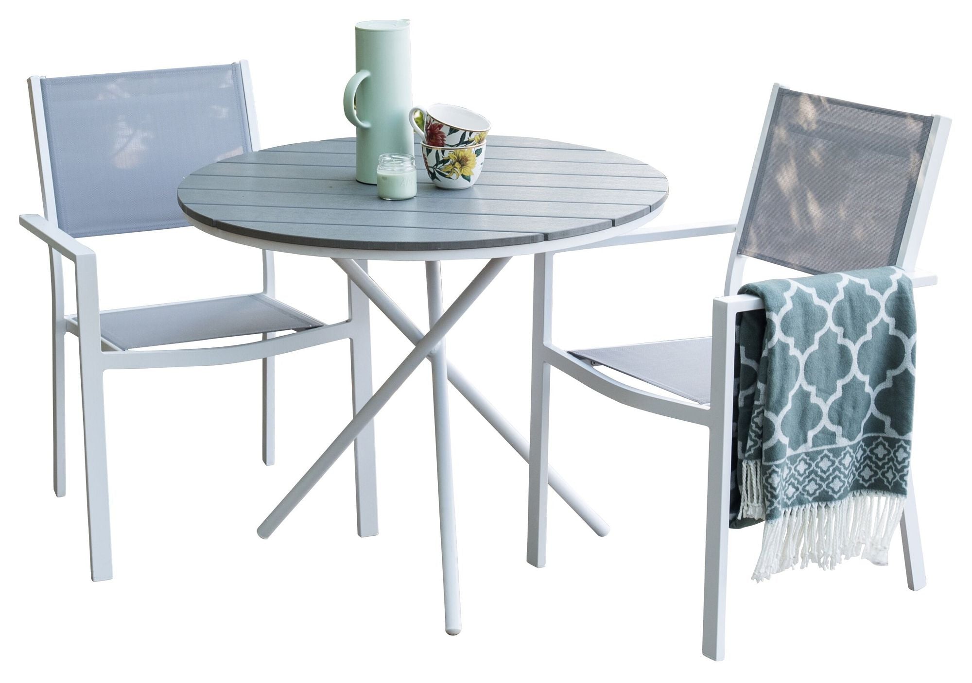 Venture Home Parma cafébord ø90 - vit alu / grå aintwood+Copacabana Karmstol ( stapelbar) Vit