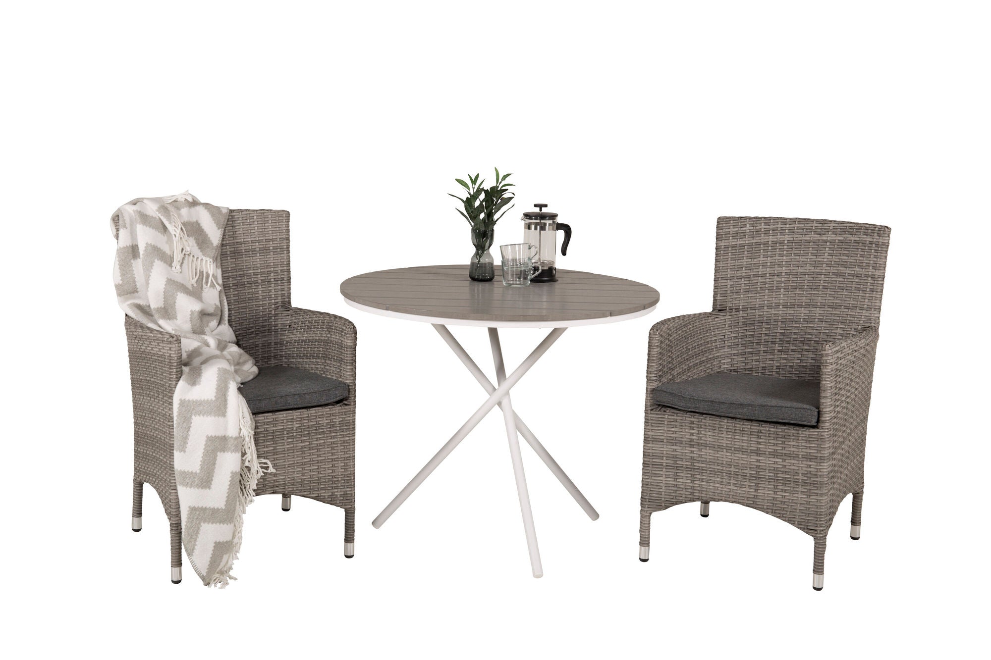 Venture Home Parma cafébord ø90 - White Alu / Grey Aintwood+Malin Arm stol with cushion - Grey / Grey cushion_2