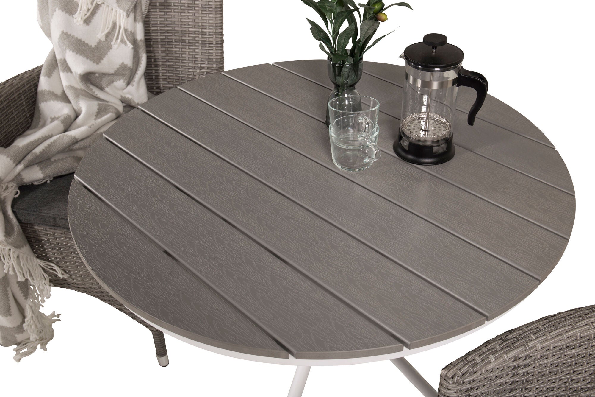 Venture Home Parma cafébord ø90 - White Alu / Grey Aintwood+Malin Arm stol with cushion - Grey / Grey cushion_2
