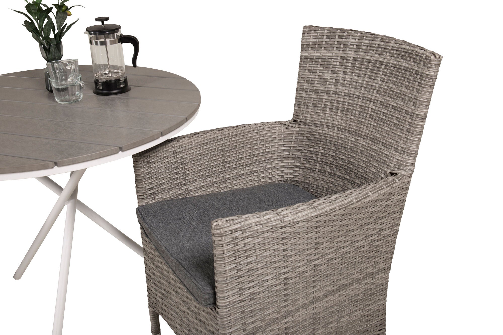 Venture Home Parma cafébord ø90 - White Alu / Grey Aintwood+Malin Arm stol with cushion - Grey / Grey cushion_2