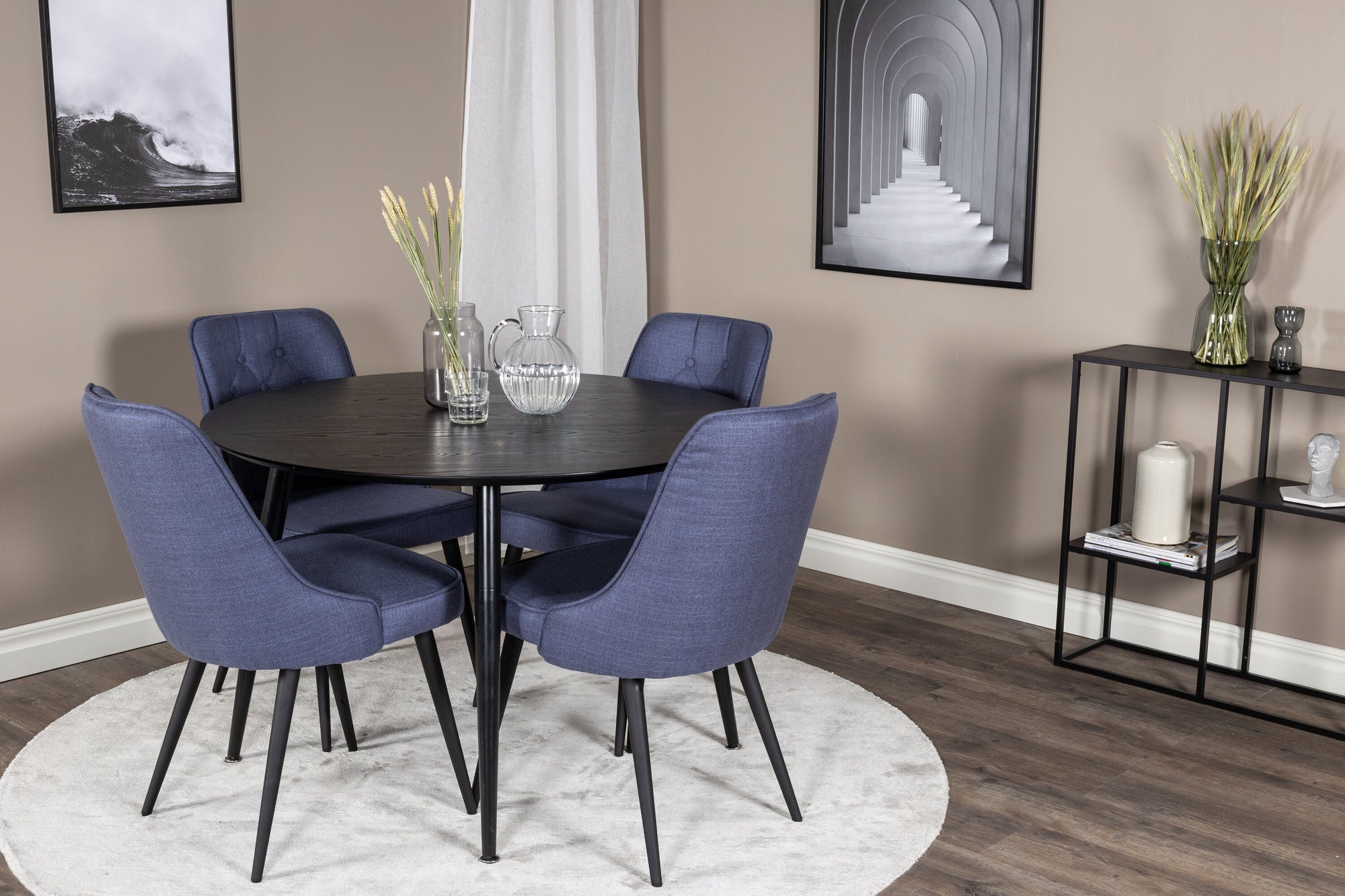 Venture Home Dipp spisebord - 115cm - Black Veneer / All black legs +Velvet Deluxe Spisebordsstol - Black Legs - Blue Fabric_4
