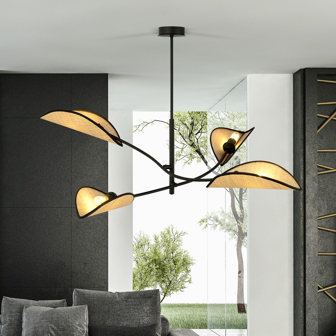 LOTUS 4 SORT/RATTAN Loftlampe