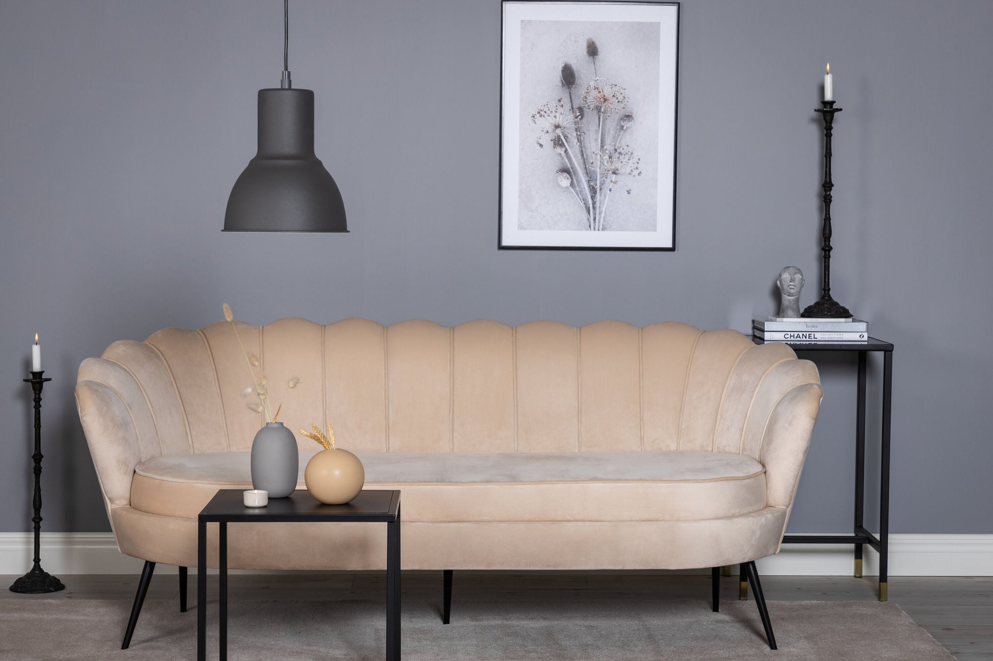 Venture Home Calais Sofa 3-seater - Beige Velvet - Black Legs