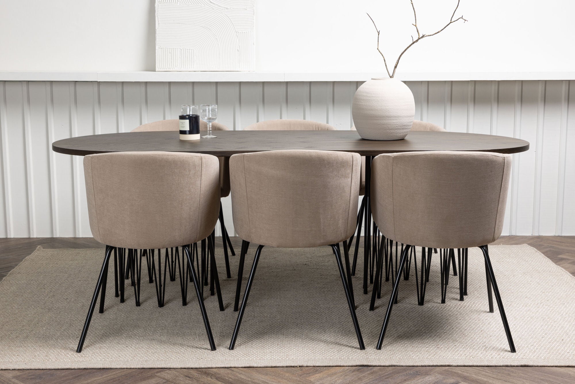 Venture Home Stone oval spisebord - Black / Mocca Veneer +Berit stol - Black / Beige Fabric (Polyester linen ) _6
