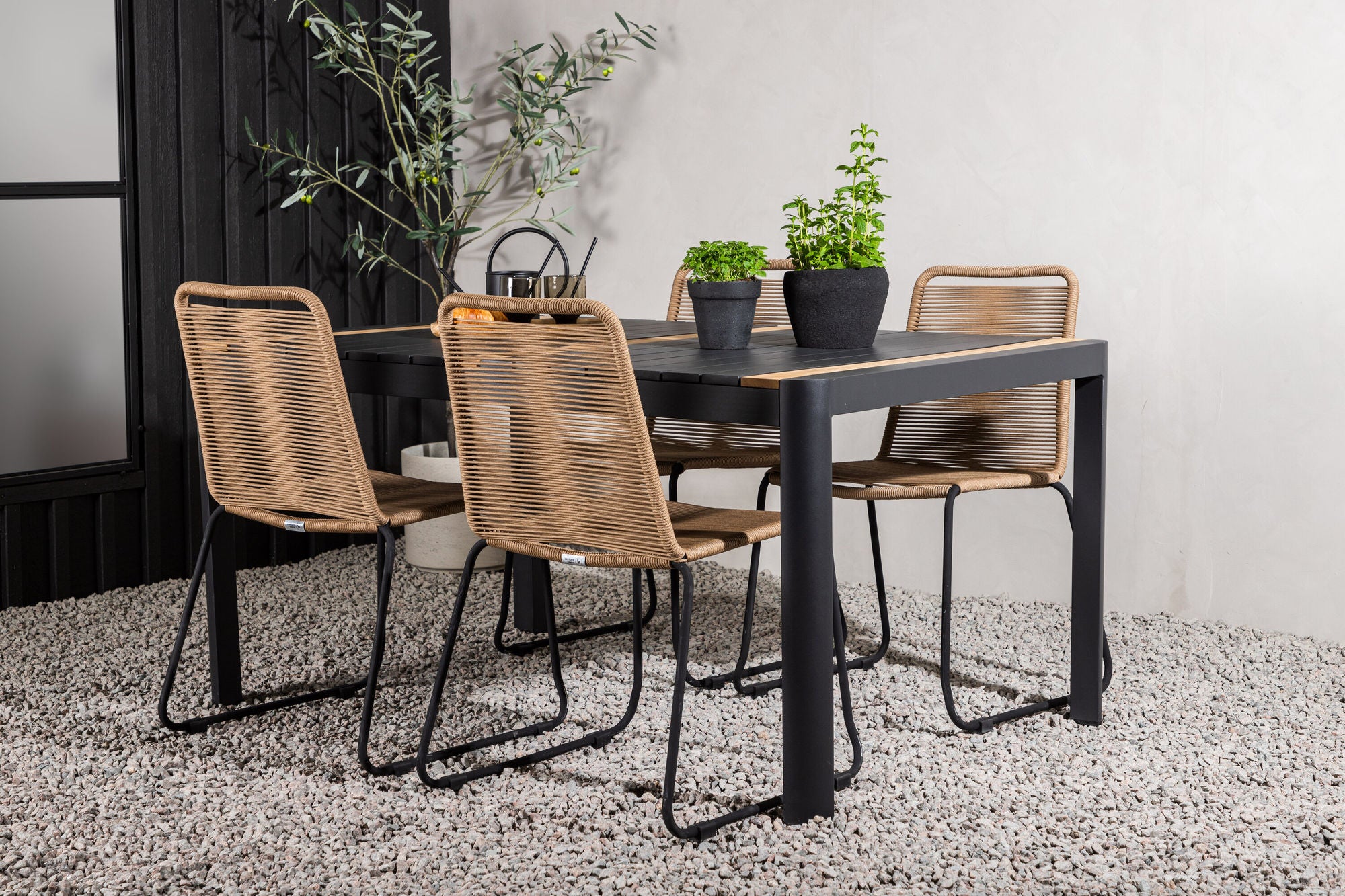 Venture Home Togo - spisebord- Black / Teak - Allu / Teak - 150*100 _1+ Lindos Stacking stol - Black Alu / Latte Rope _4