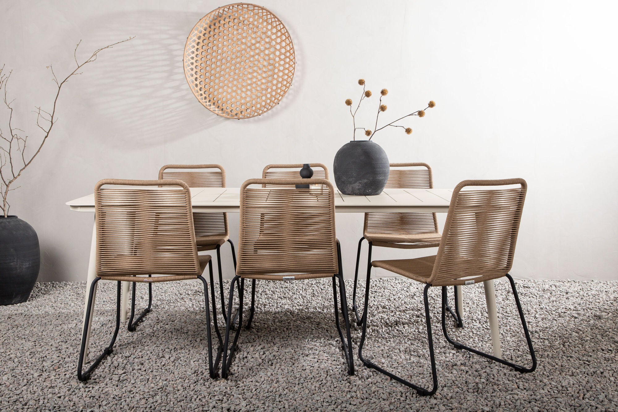 Venture Home Lina spisebord - Beige - 200*90- Lindos Stacking stol - Black Alu / Latte Rope_6