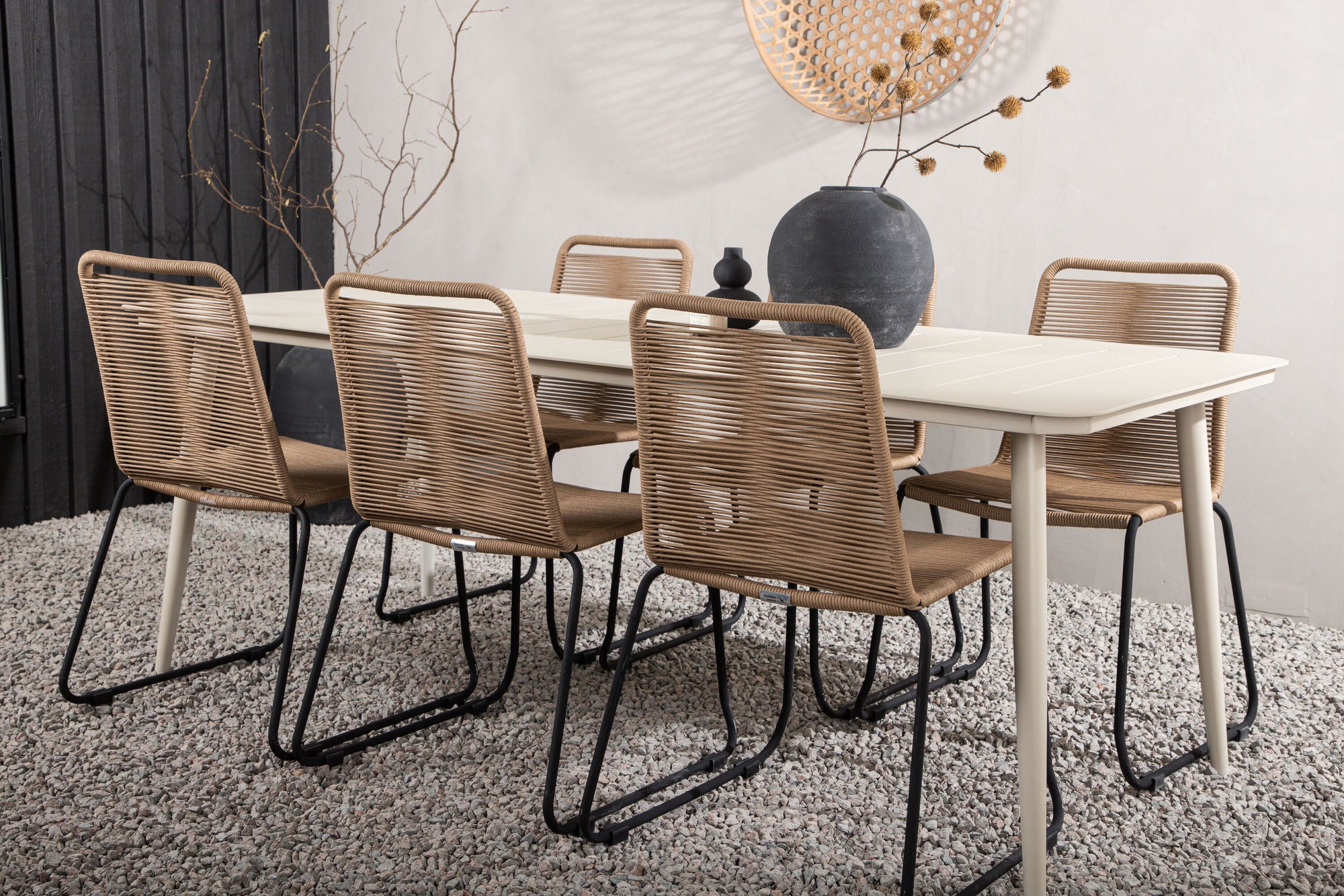Venture Home Lina spisebord - Beige - 200*90- Lindos Stacking stol - Black Alu / Latte Rope_6