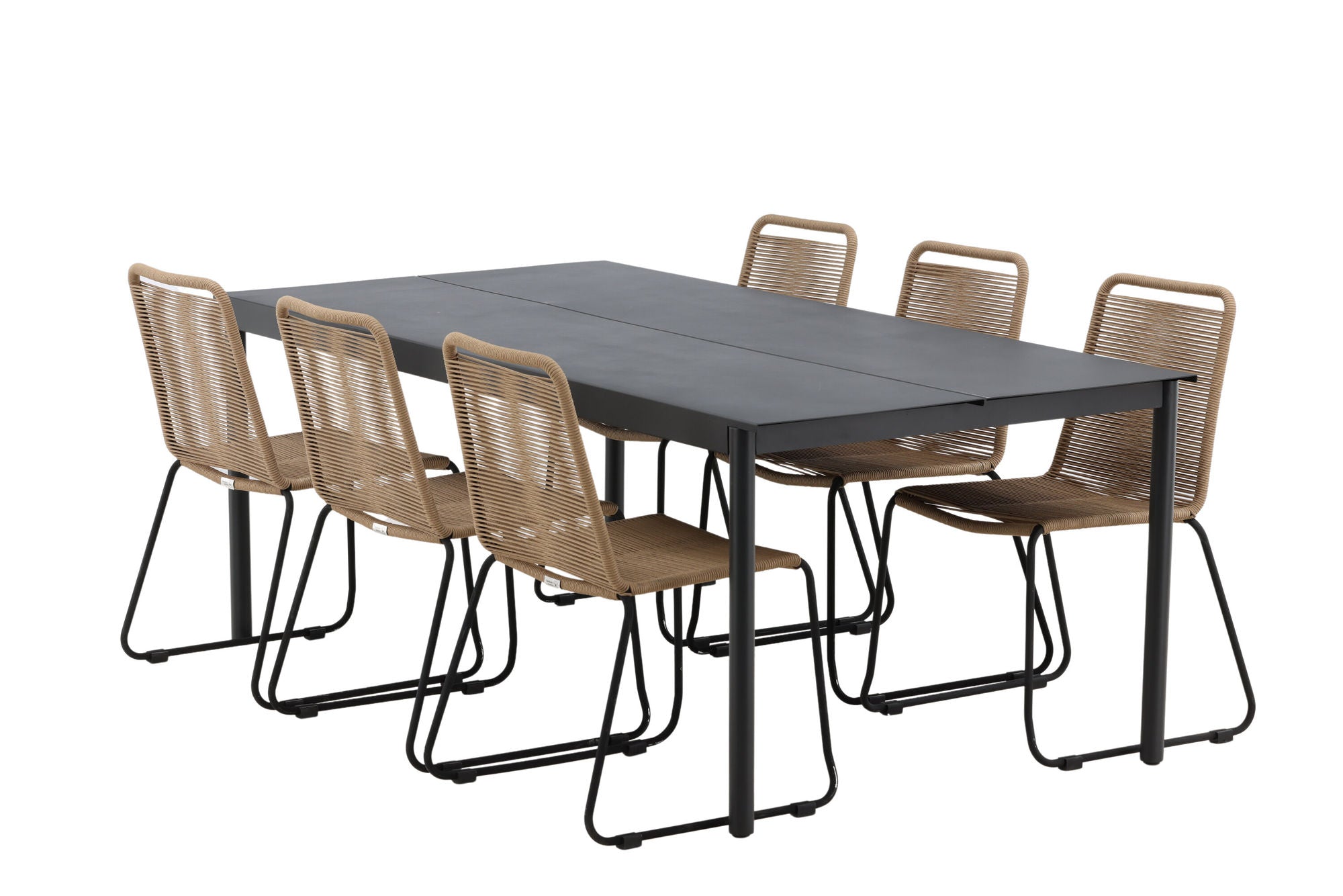 Venture Home Modena - spisebord- Black - Aluminium - 200*100cm _1+ Lindos Stacking stol - Black Alu / Latte Rope _6