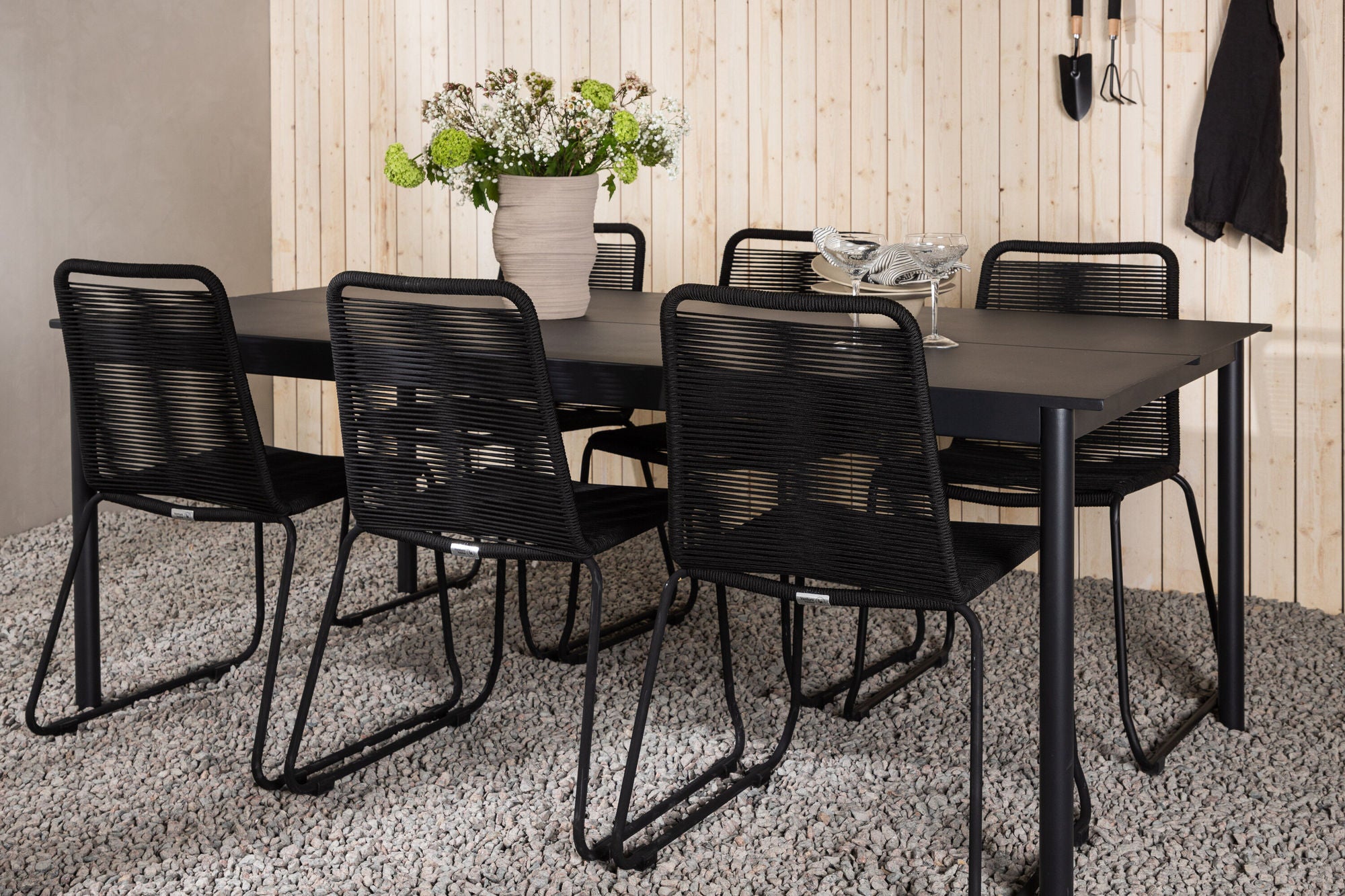 Venture Home Modena - spisebord- Black - Aluminium - 200*100cm +Lindos Stacking stol - Black Alu / Black Rope _6