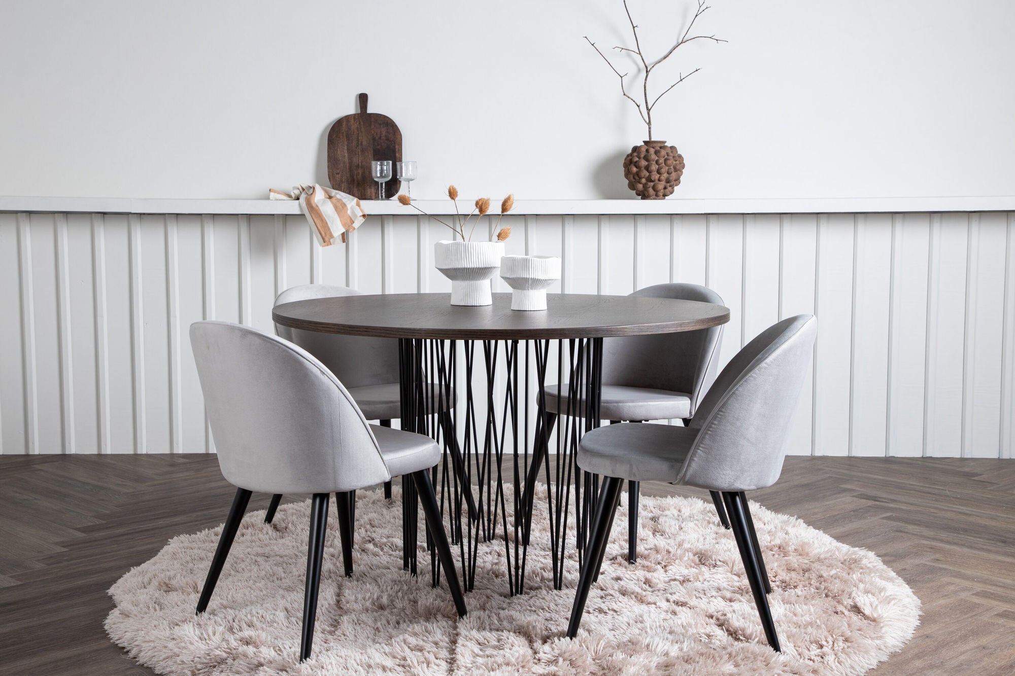 Venture Home Stone round spisebord - Black / Mocca Veneer +Velvet Spisebordsstol - Light Grey / Black _4