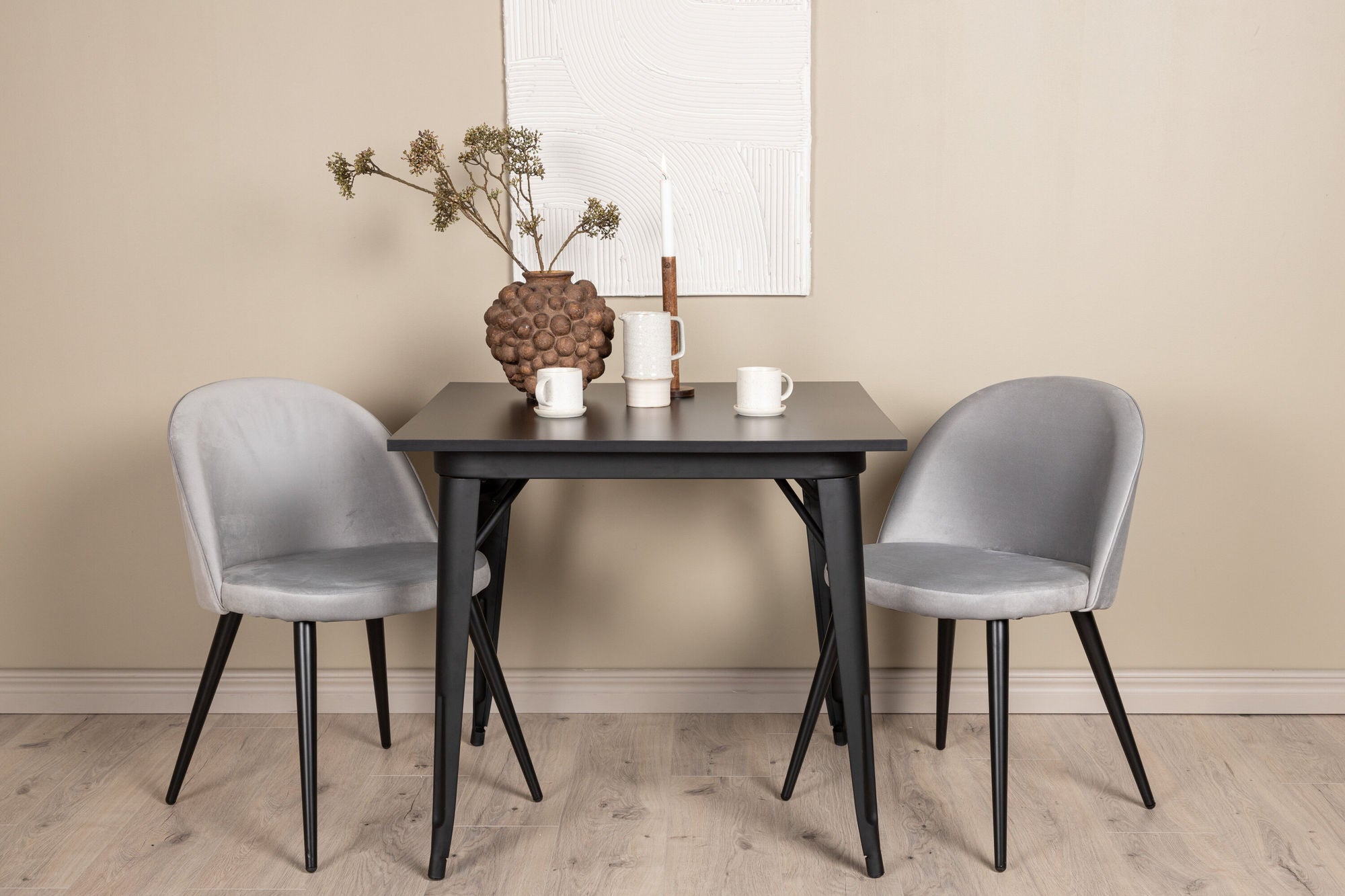 Venture Home Tempe spisebord - Black / Black MDF +Velvet Spisebordsstol - Light Grey / Black _2