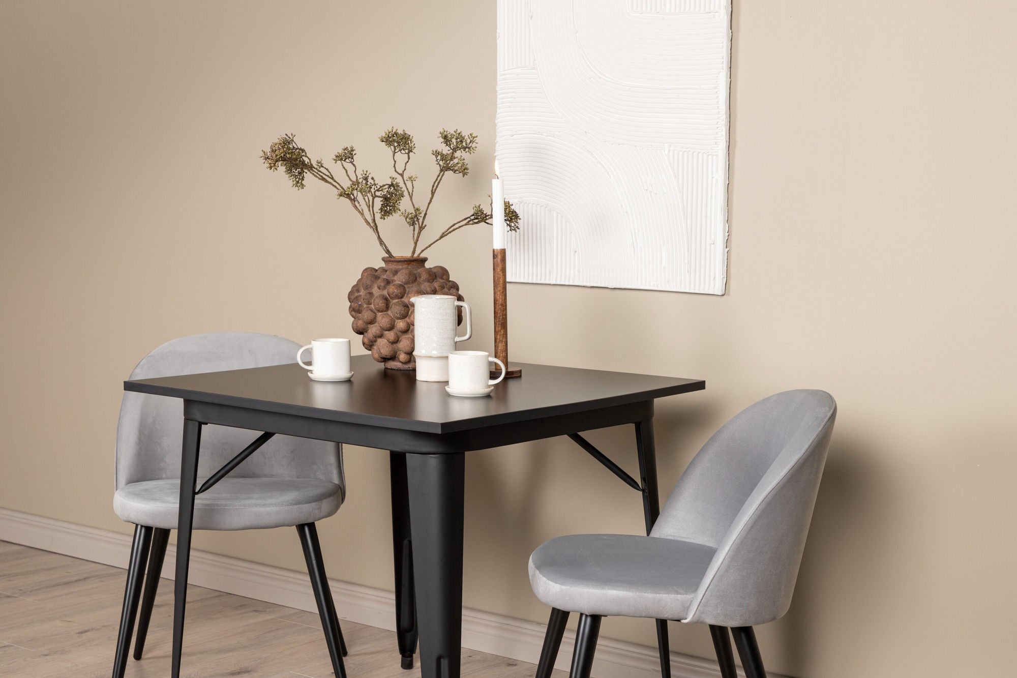 Venture Home Tempe spisebord - Black / Black MDF +Velvet Spisebordsstol - Light Grey / Black _2