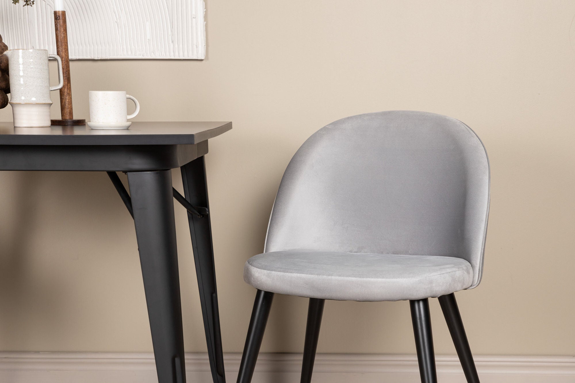 Venture Home Tempe spisebord - Black / Black MDF +Velvet Spisebordsstol - Light Grey / Black _2