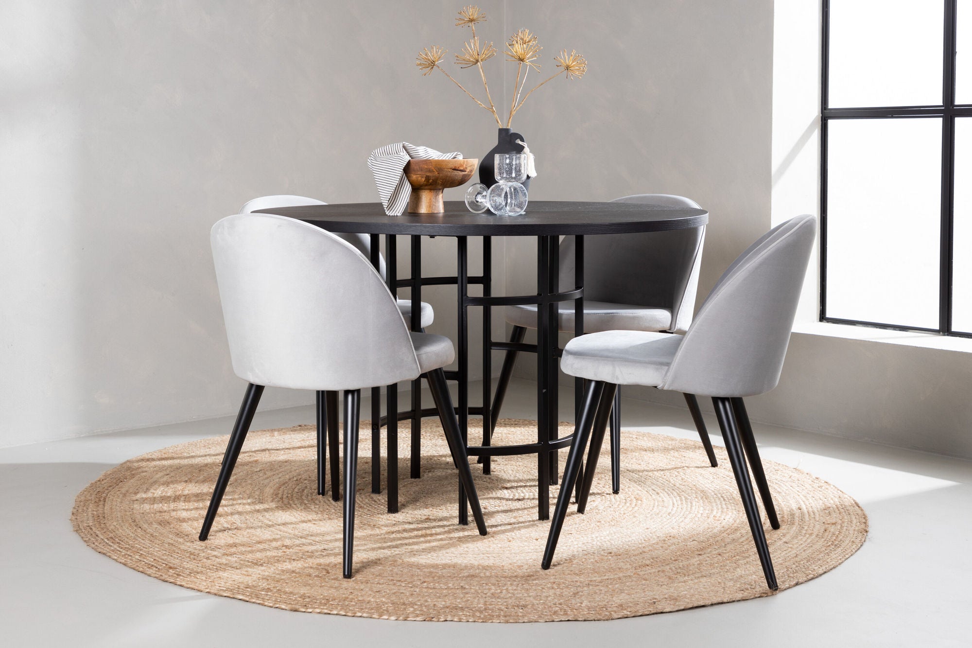Venture Home Copenhagen spisebord - Black / Black Veneer +Velvet Spisebordsstol - Light Grey / Black _4