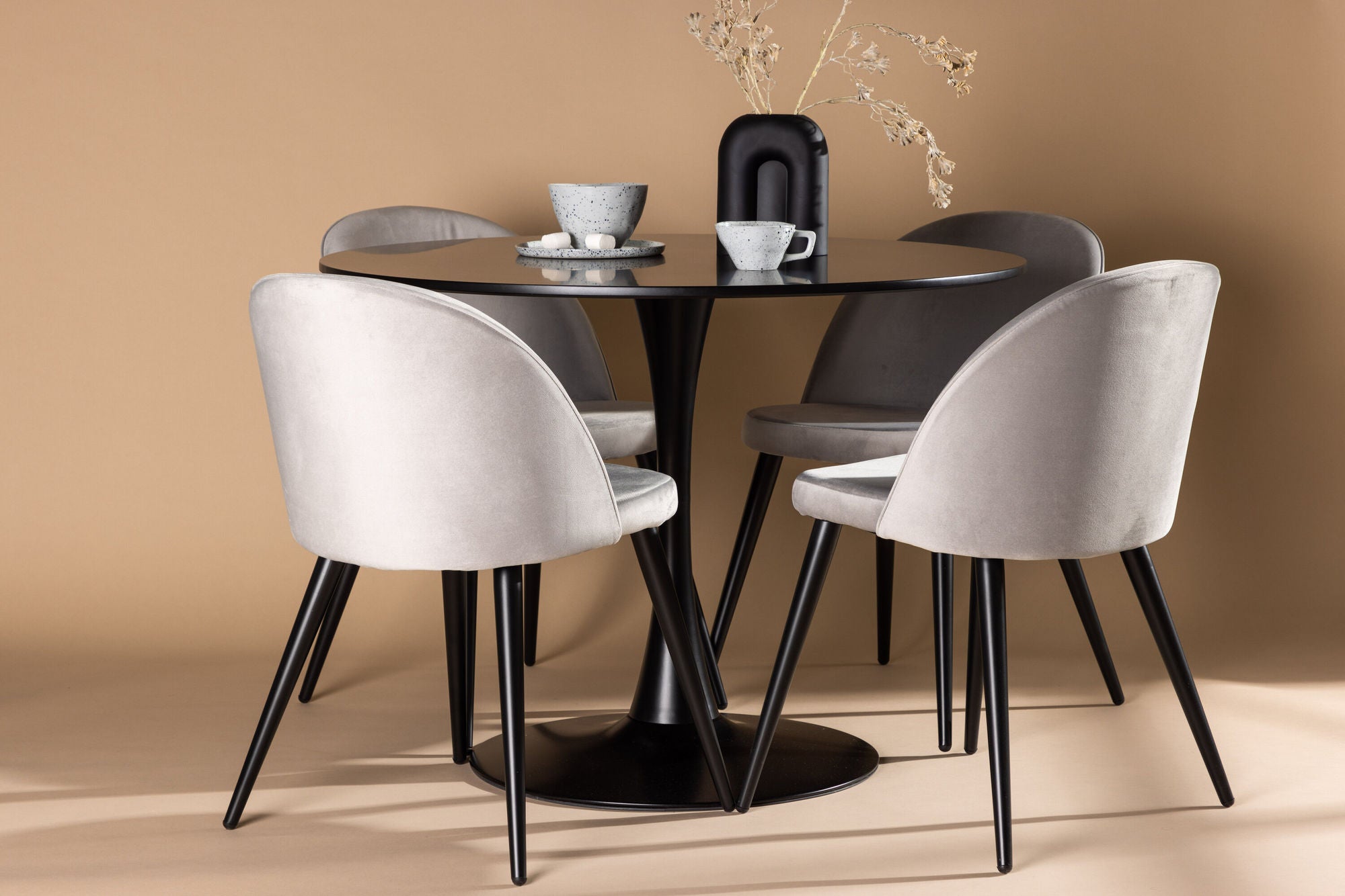 Venture Home Glade spisebord - Black / Black MDF +Velvet Spisebordsstol - Light Grey / Black _4