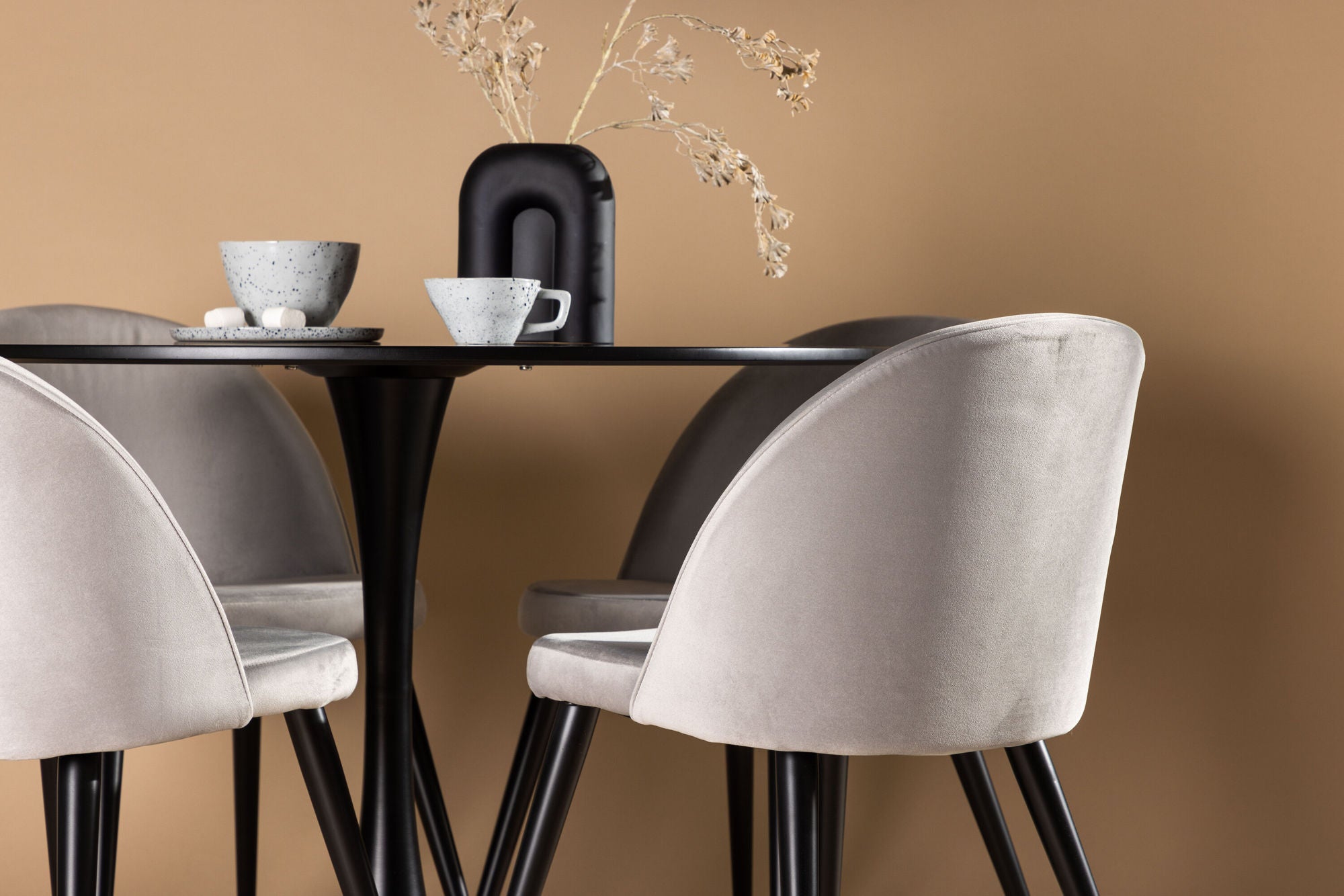 Venture Home Glade spisebord - Black / Black MDF +Velvet Spisebordsstol - Light Grey / Black _4