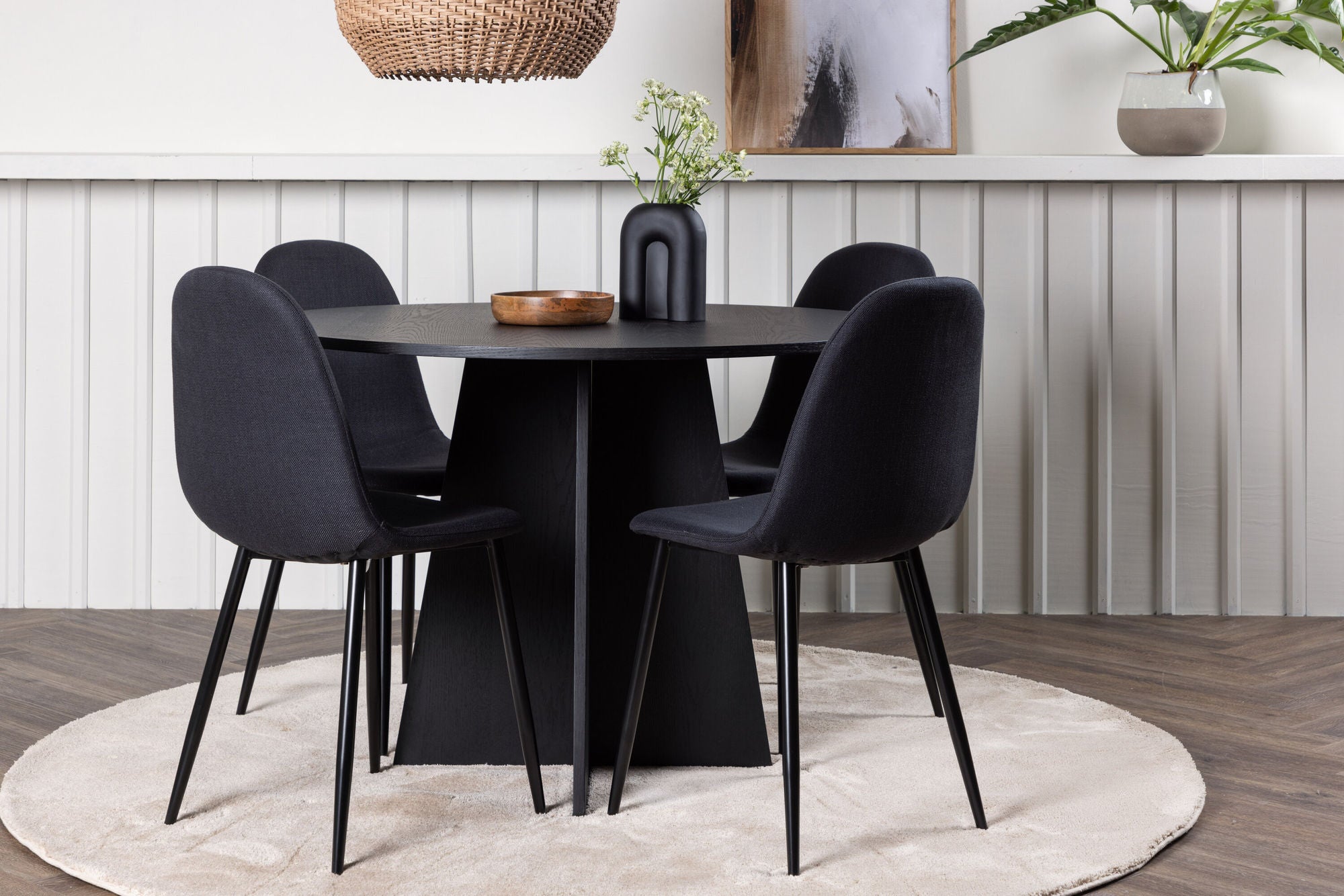 Venture Home Bootcut rund spisebord - Black / Black Fanéer +Polar Spisebordsstol - Black Legs - Black Fabric _4