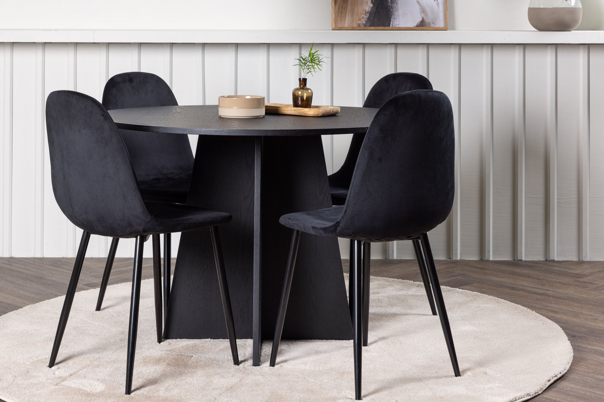 Venture Home Bootcut rund spisebord - Black / Black Fanéer +Polar Spisebordsstol - Black legs / Black Velvet _4