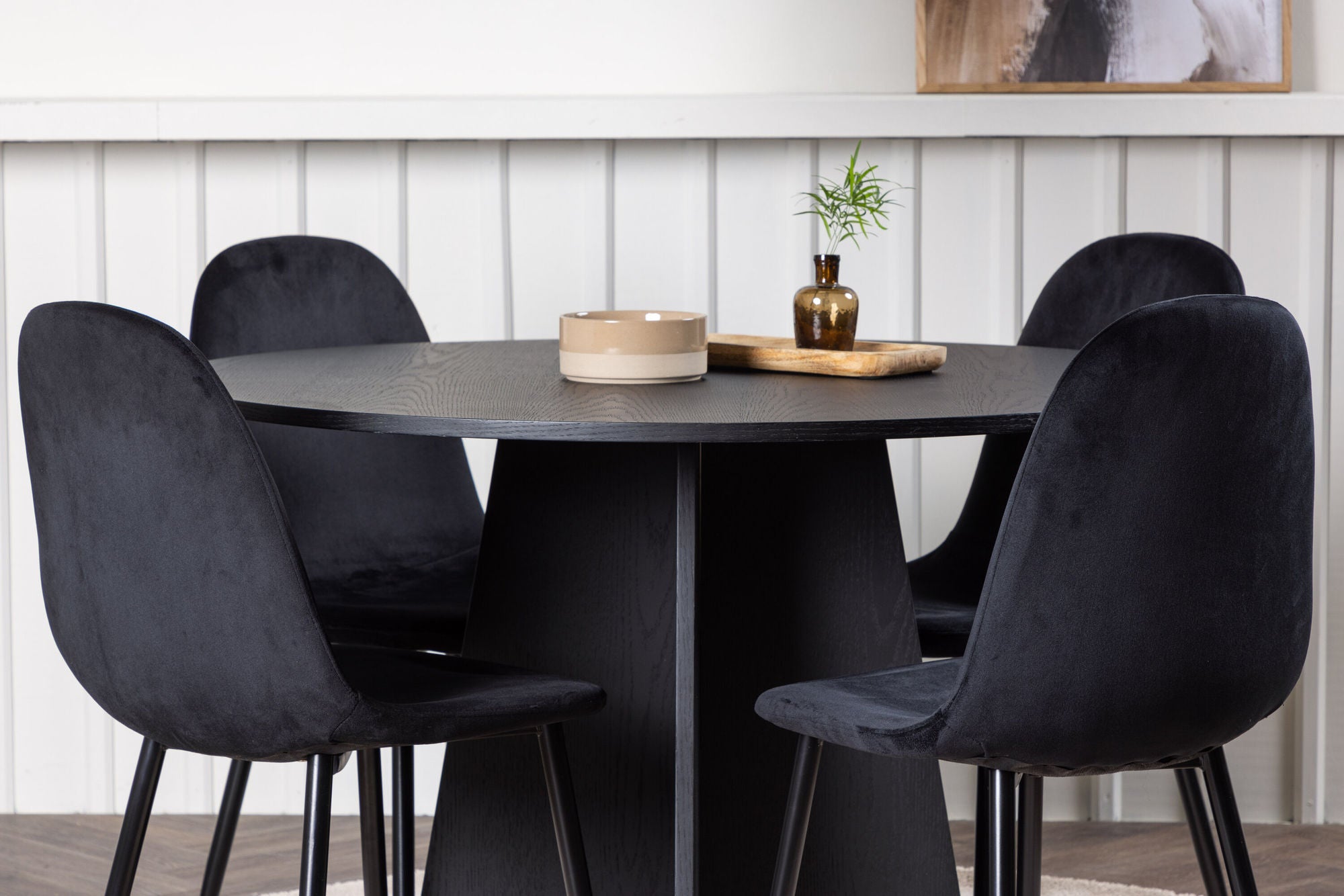 Venture Home Bootcut rund spisebord - Black / Black Fanéer +Polar Spisebordsstol - Black legs / Black Velvet _4