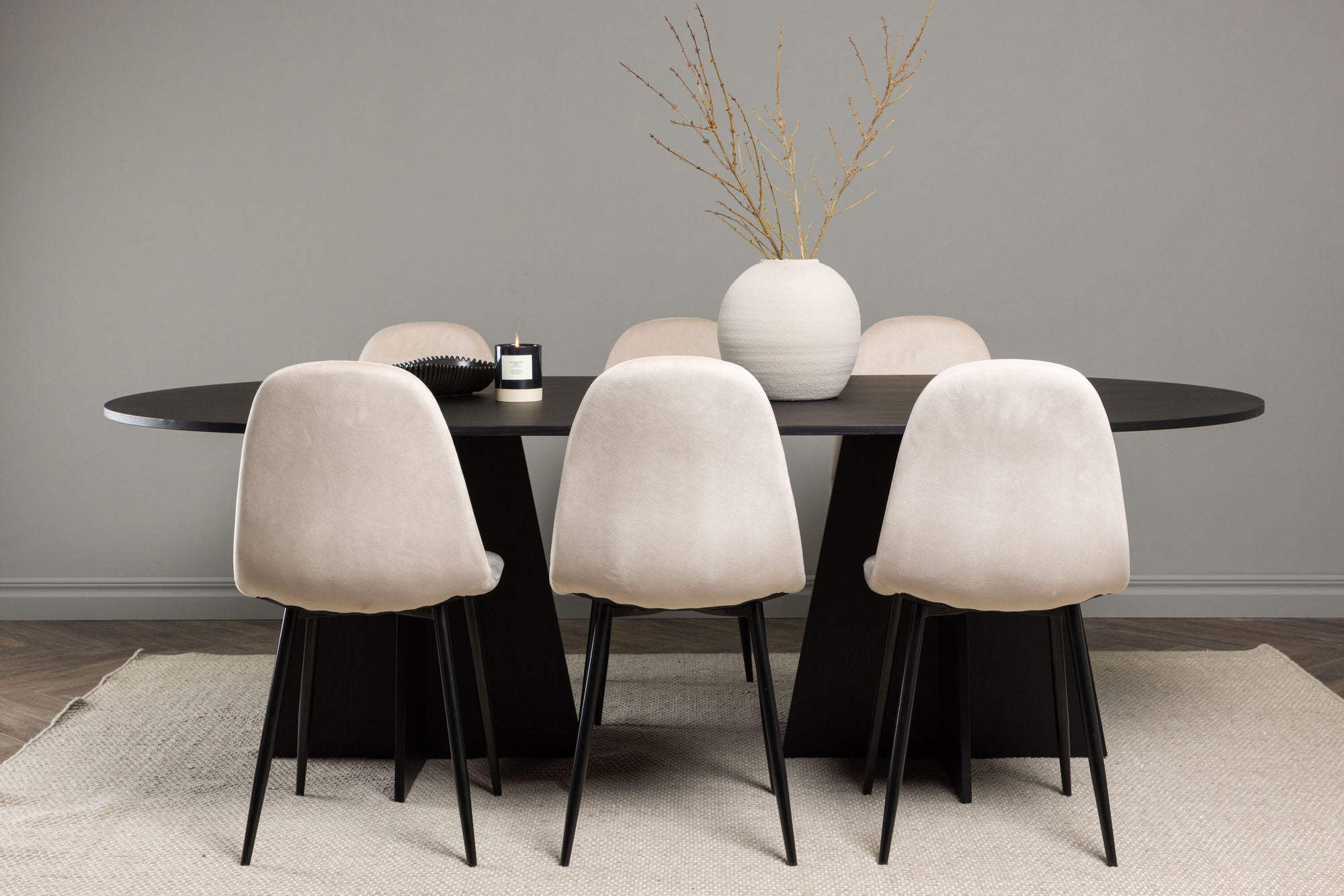 Venture Home Bootcut Oval spisebord - Black / Black Fanéer +Polar Spisebordsstol - Black legs / Beige Velvet _6